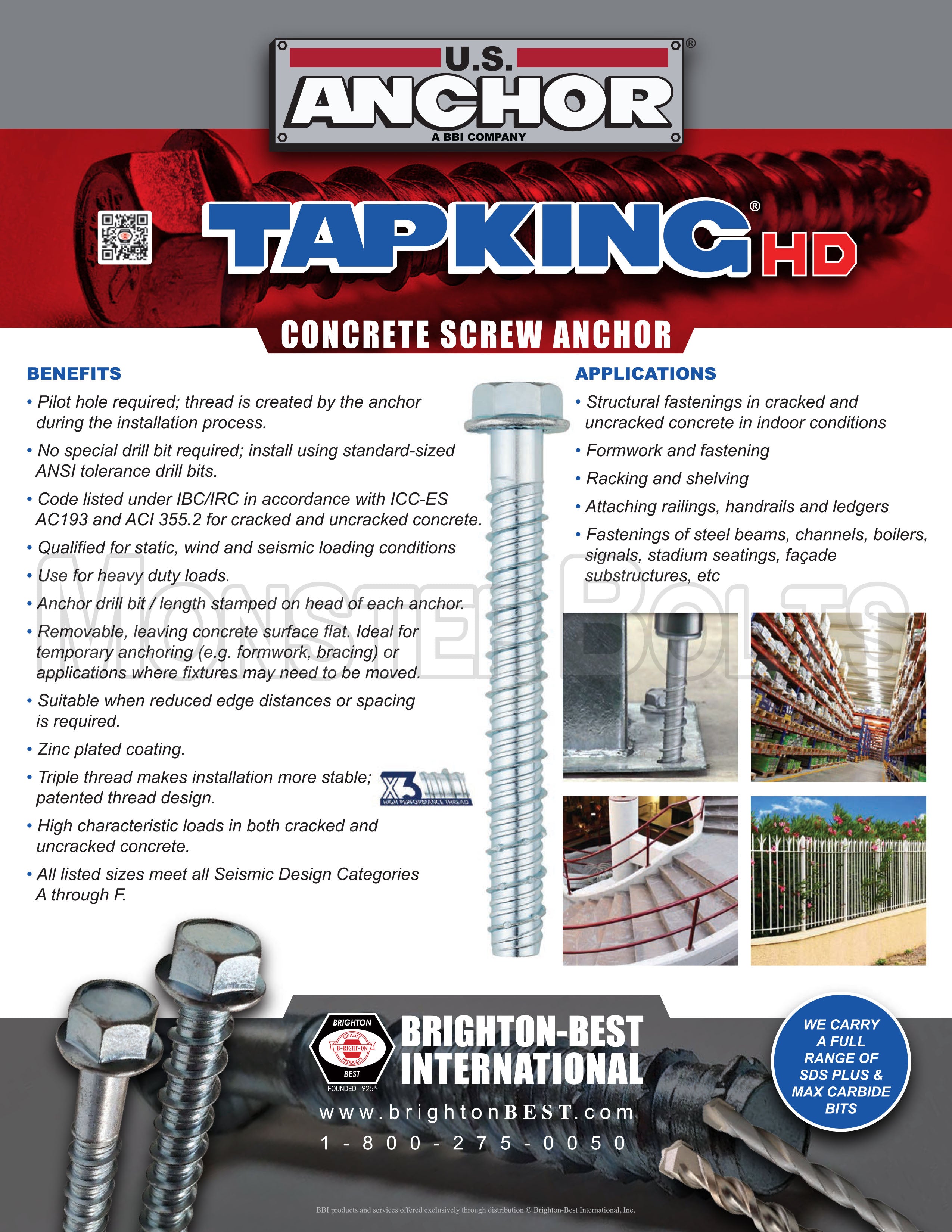 Bulk 3/4" Tapking HD Concrete Screw Anchors – Zinc CR+3 – Monster Bolts