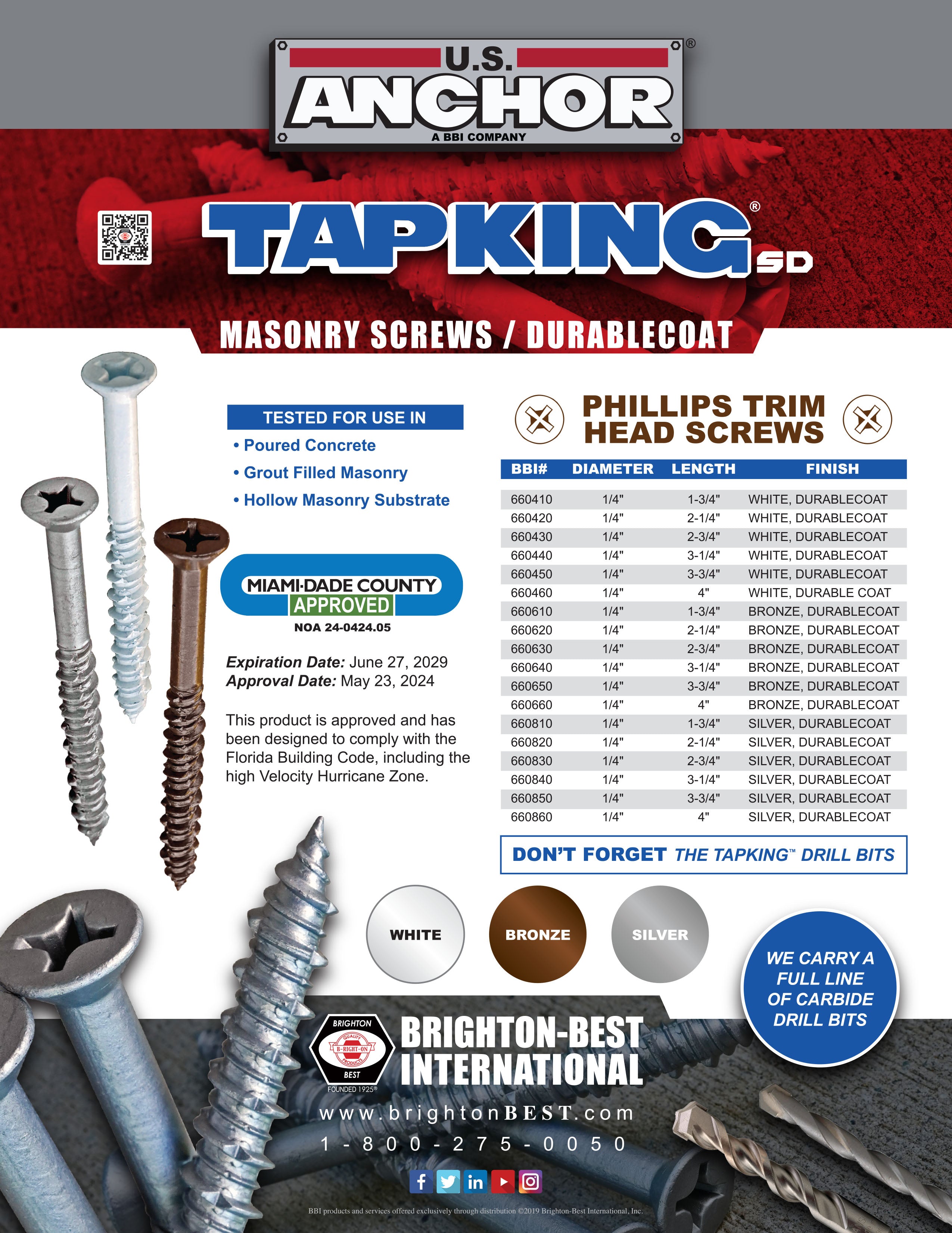 Bulk 1/4" Trim Head Phil Silver Tapking® SD Concrete Screws – DurableCoat – Monster Bolts