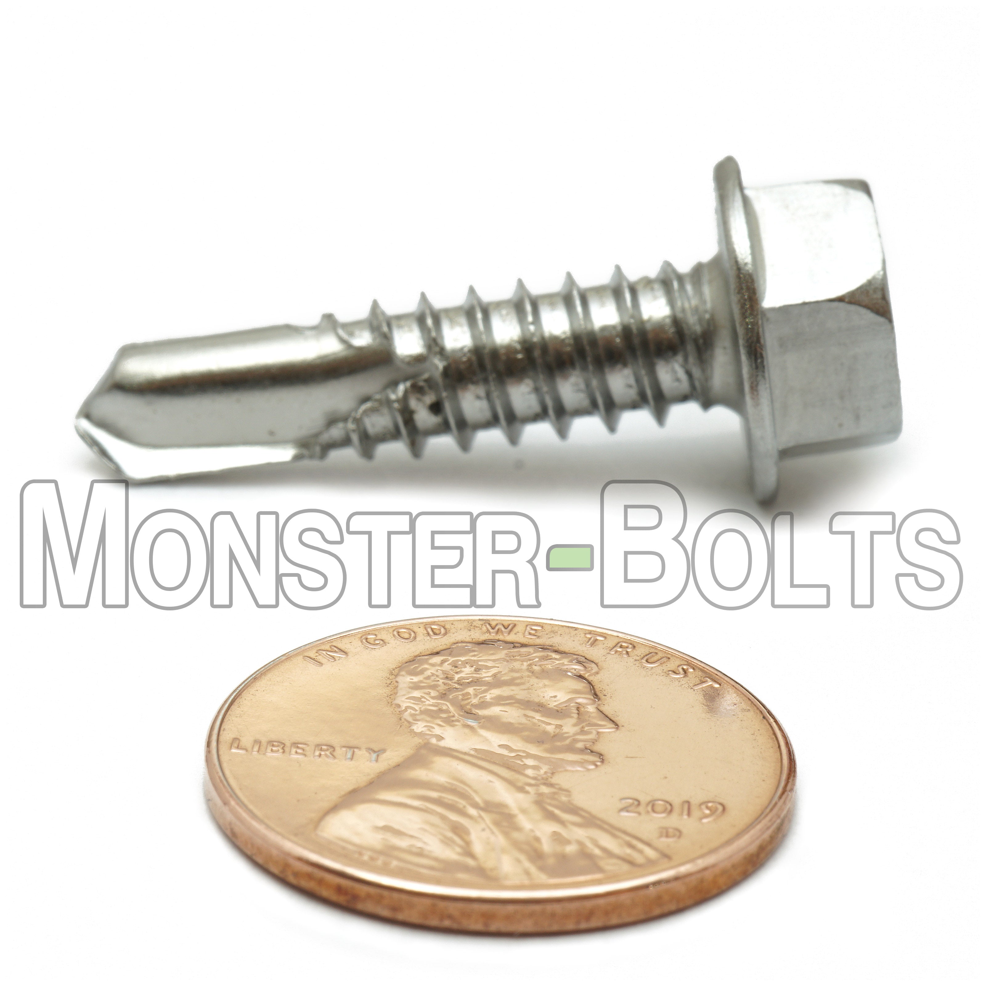 1/4" Indent Hex Washer Head Self-Drilling Screws (#3 Point), Hardened 410 Stainless Steel (Bulk)