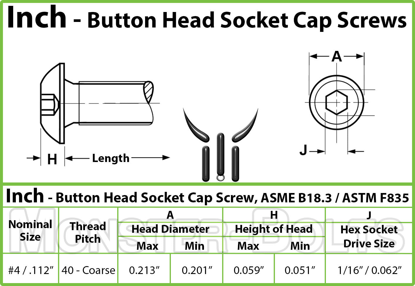 Spec sheet for #4-40 Button Head Socket Cap screws showing Head dimensions and hex key drive size.