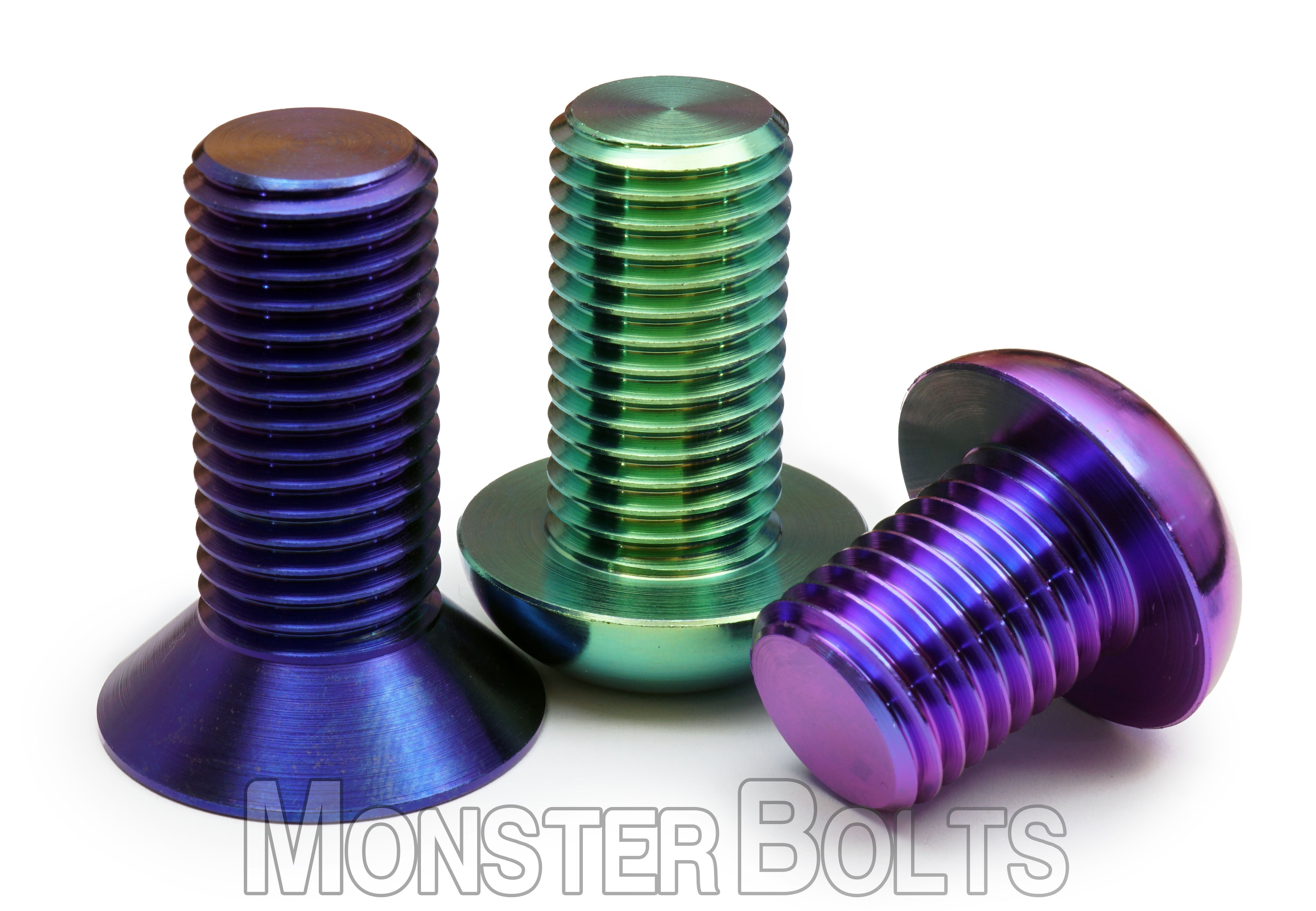 Anodized titanium screws in gold, blue, and purple solid color finishes — custom anodizing by Monster Bolts