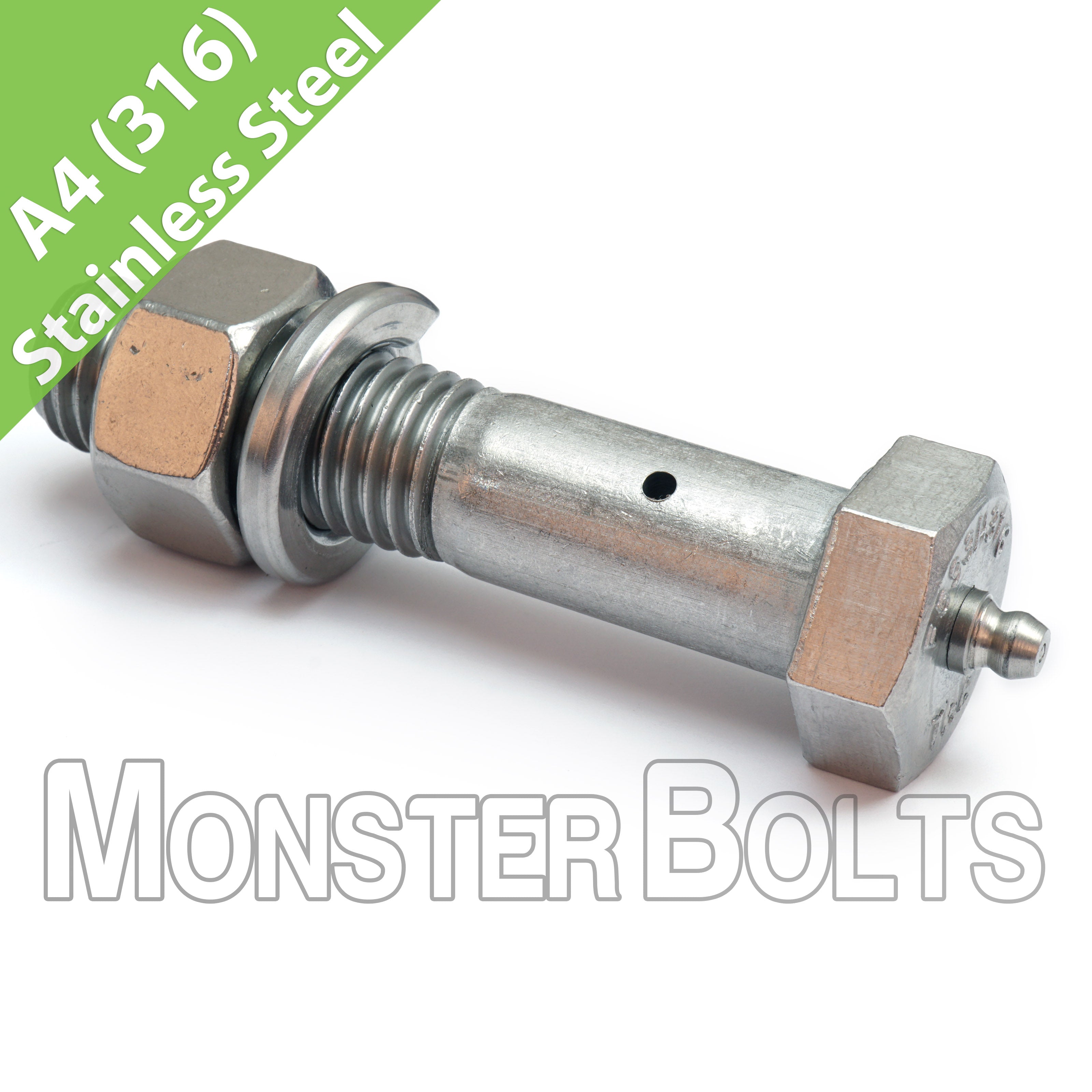 USA-Machined 3/4" x 3-1/2" 316 Stainless Steel Axle Bolt Kit with Zerk Fitting, Hex Nut & Lock Washer