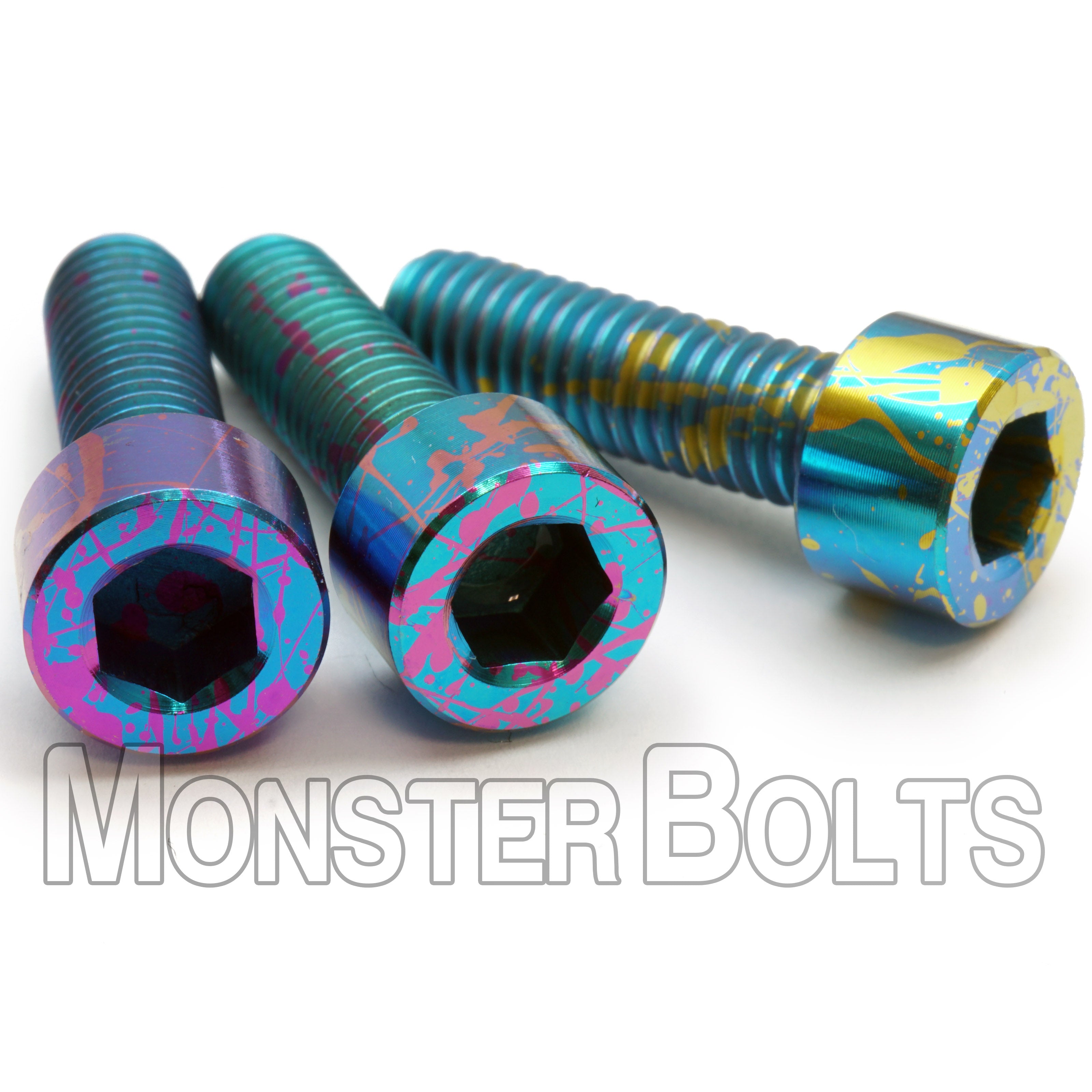 Close-up of custom splatter anodizing on titanium fasteners — 2-color pattern