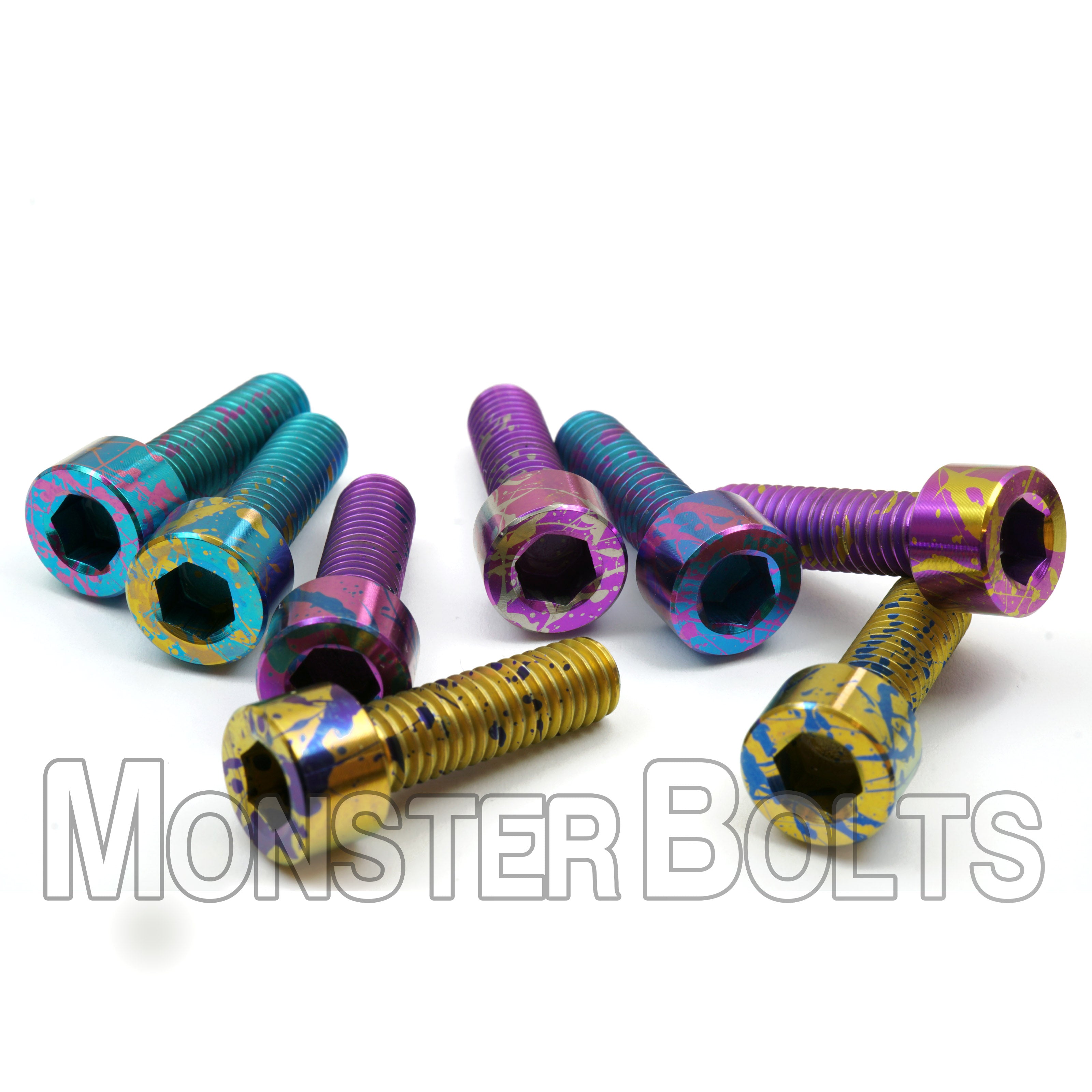 Splatter anodized titanium screws — multi-color custom finish by Monster Bolts