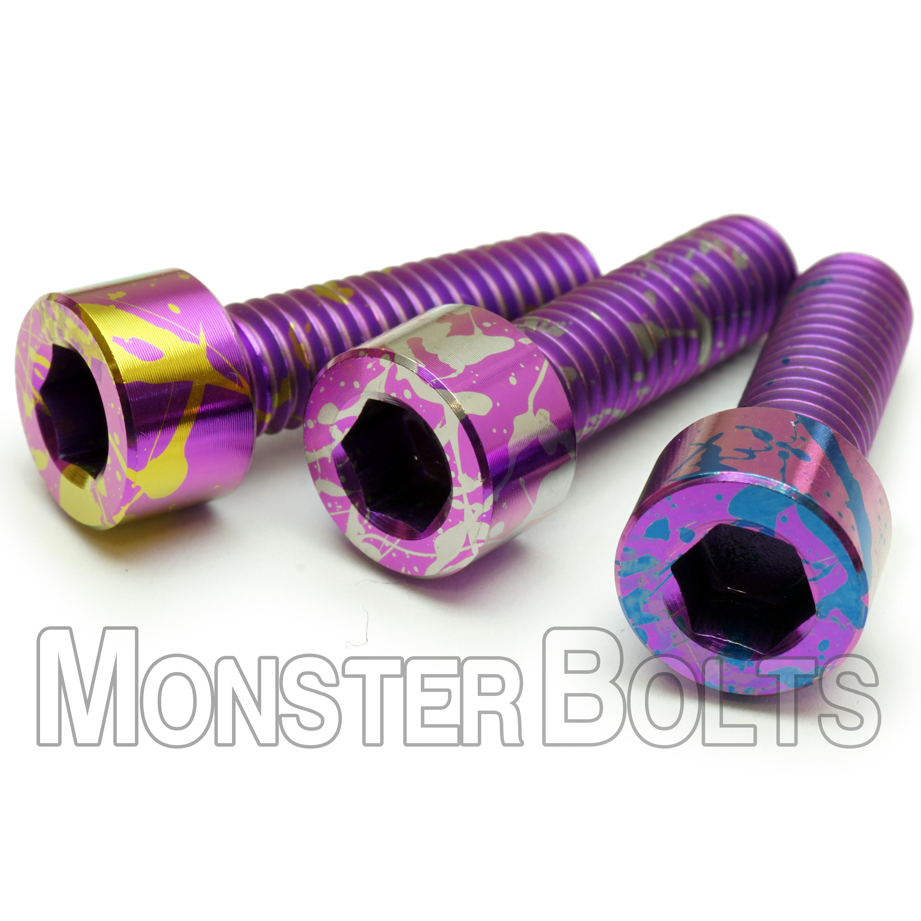 Splatter Anodized Titanium Screws – Custom Multi-Color Finish | Monster Bolts