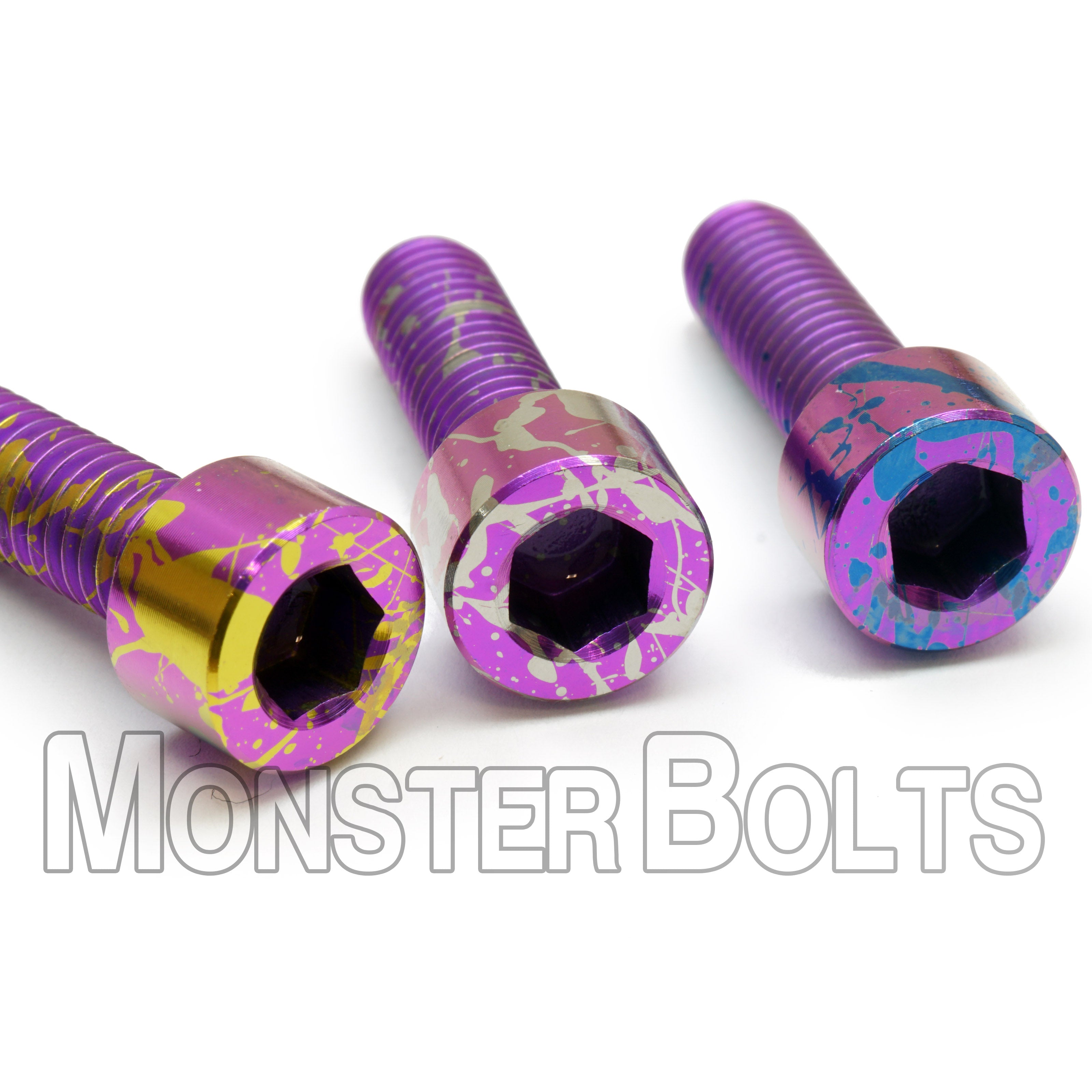 Splatter Anodized Titanium Screws – Custom Multi-Color Finish | Monster Bolts