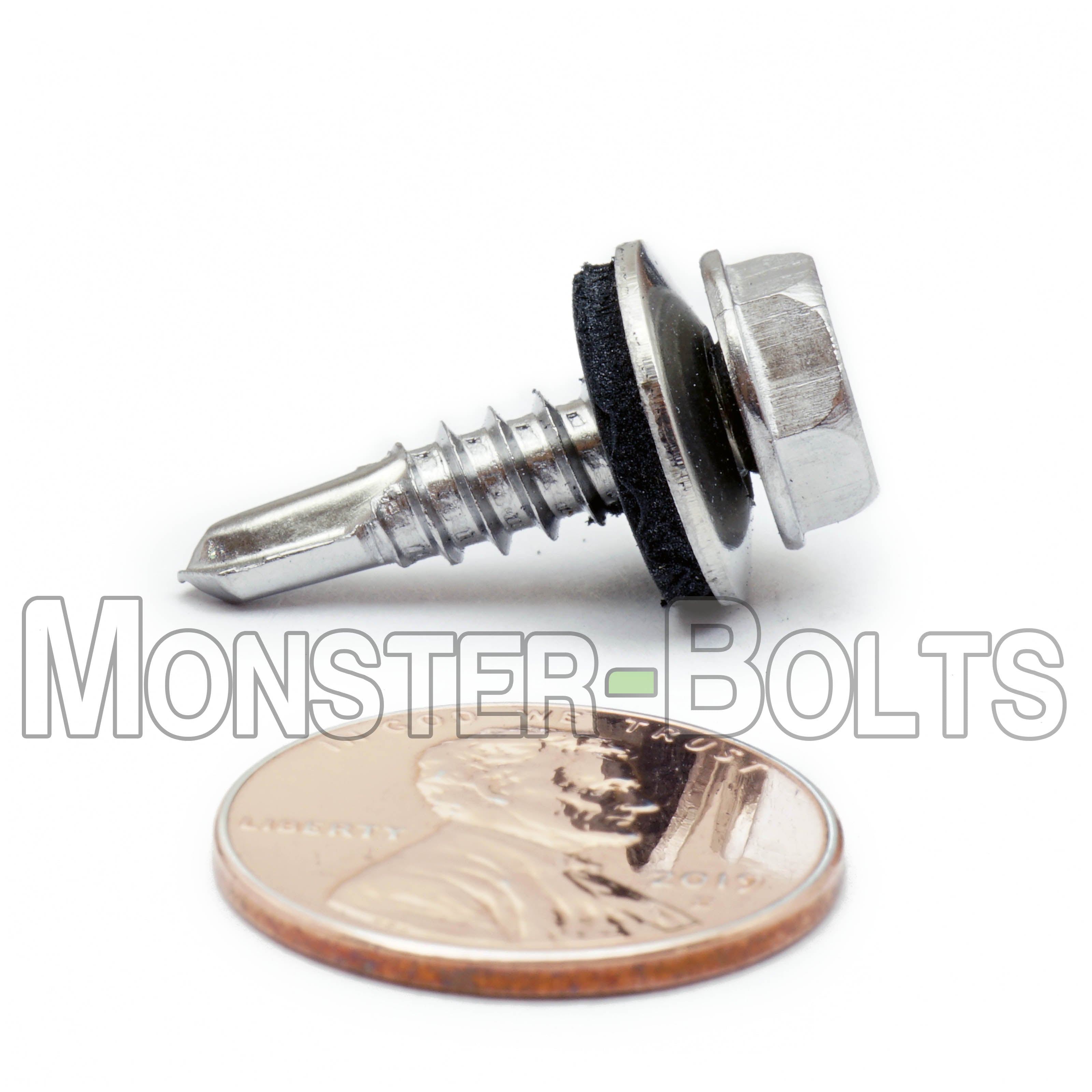 #10 Indent Hex Washer Head Self-Drilling Screws (#3 Point), Hardened 410 Stainless w/ Bonded EPDM Washer (Bulk)