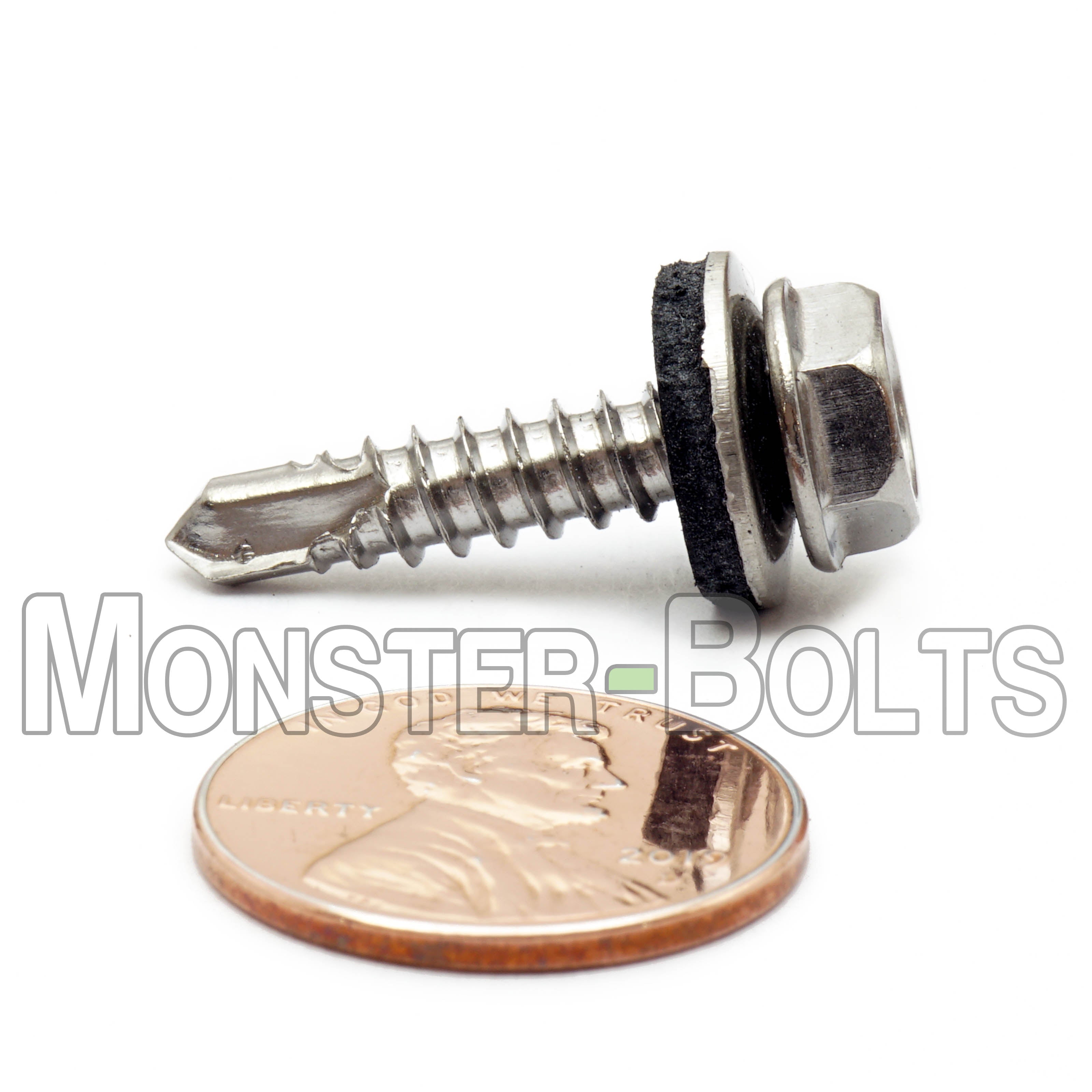 #10 Indent Hex Washer Head Self-Drilling Screws (#3 Point), Hardened 410 Stainless w/ Bonded EPDM Washer (Bulk)