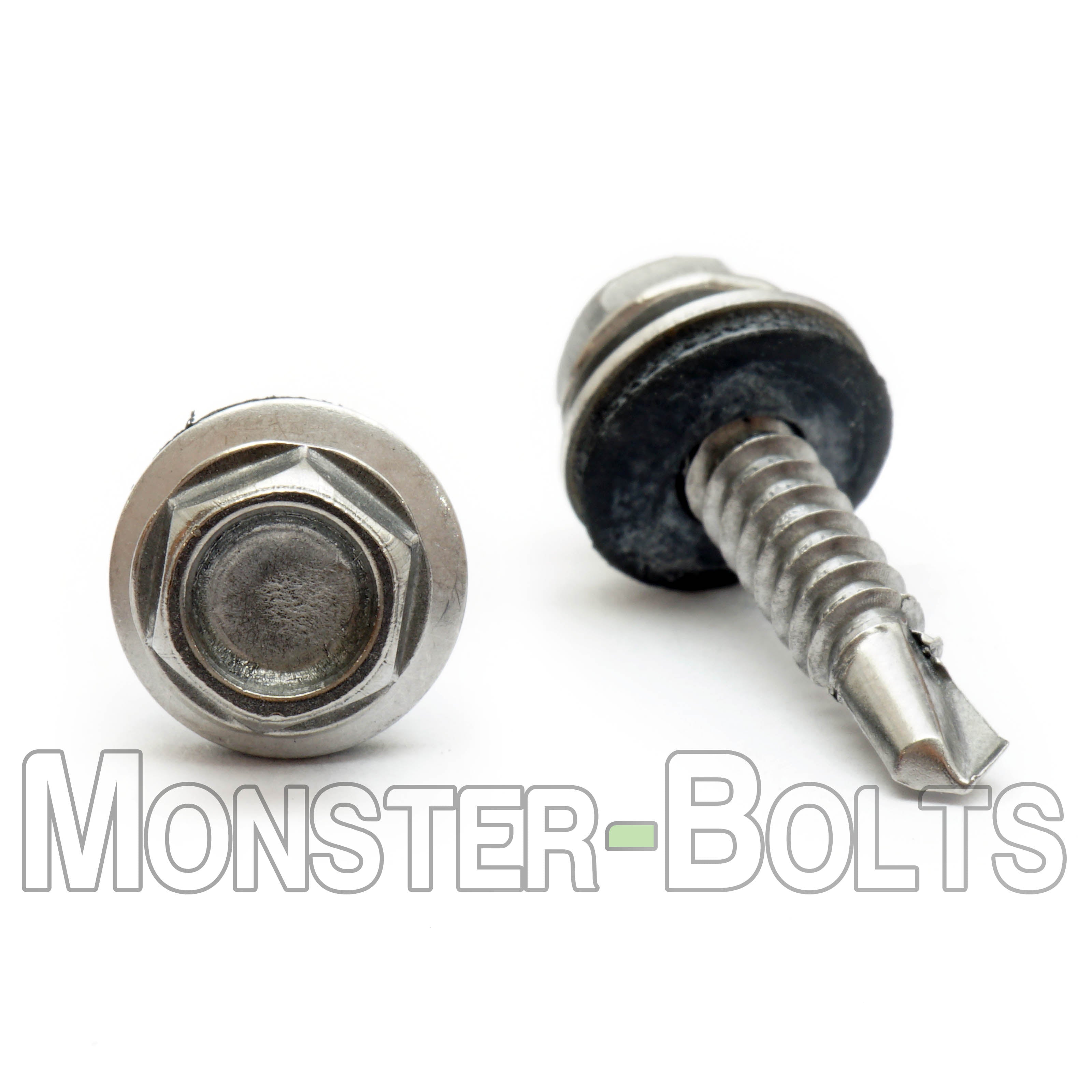 #10 Indent Hex Washer Head Self-Drilling Screws (#3 Point), Hardened 410 Stainless w/ Bonded EPDM Washer (Bulk)