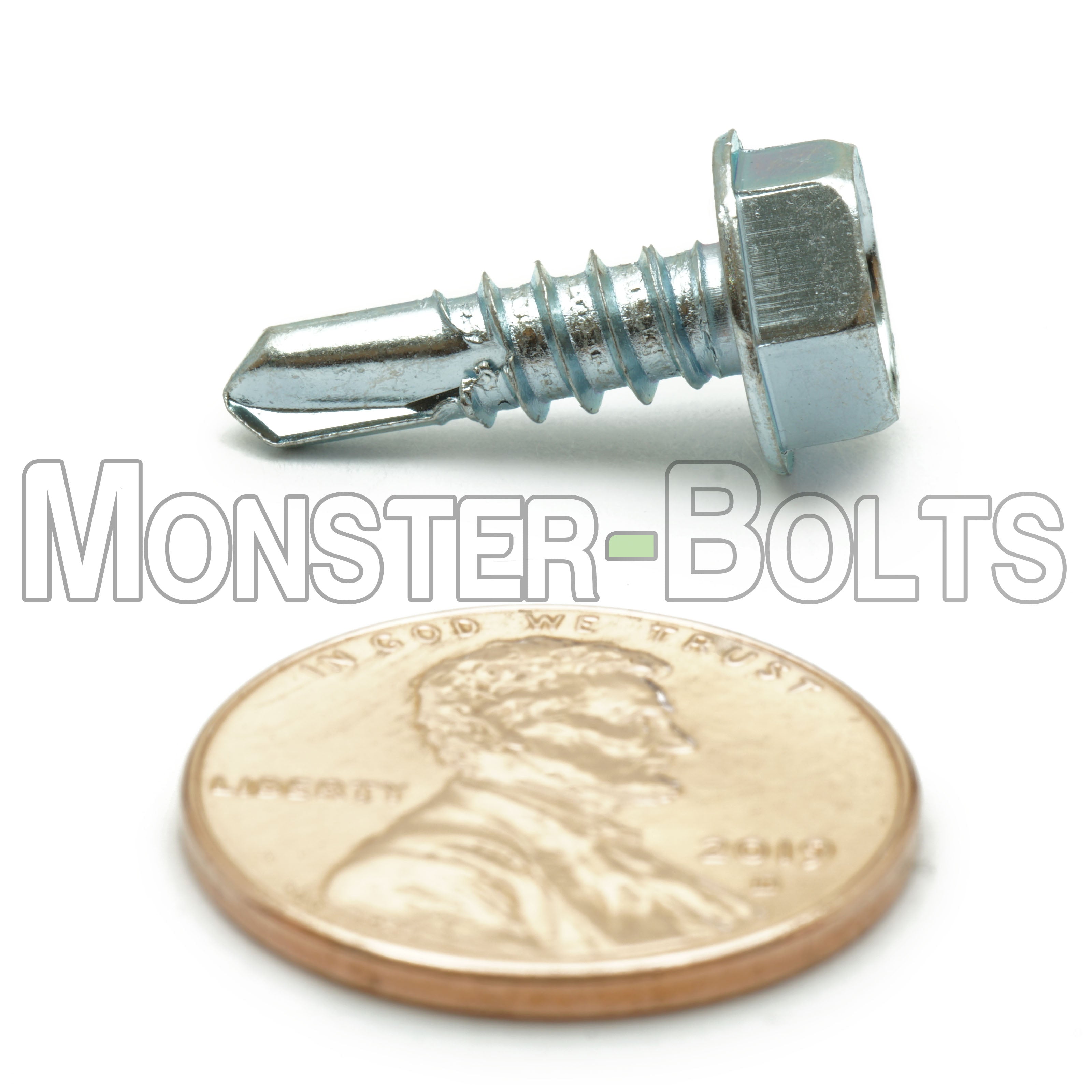 #10 Indent Hex Washer Head (HWH) Unslotted Self-Drilling Screws, #2 Point, Proferred, Zinc Cr+3 (Bulk)