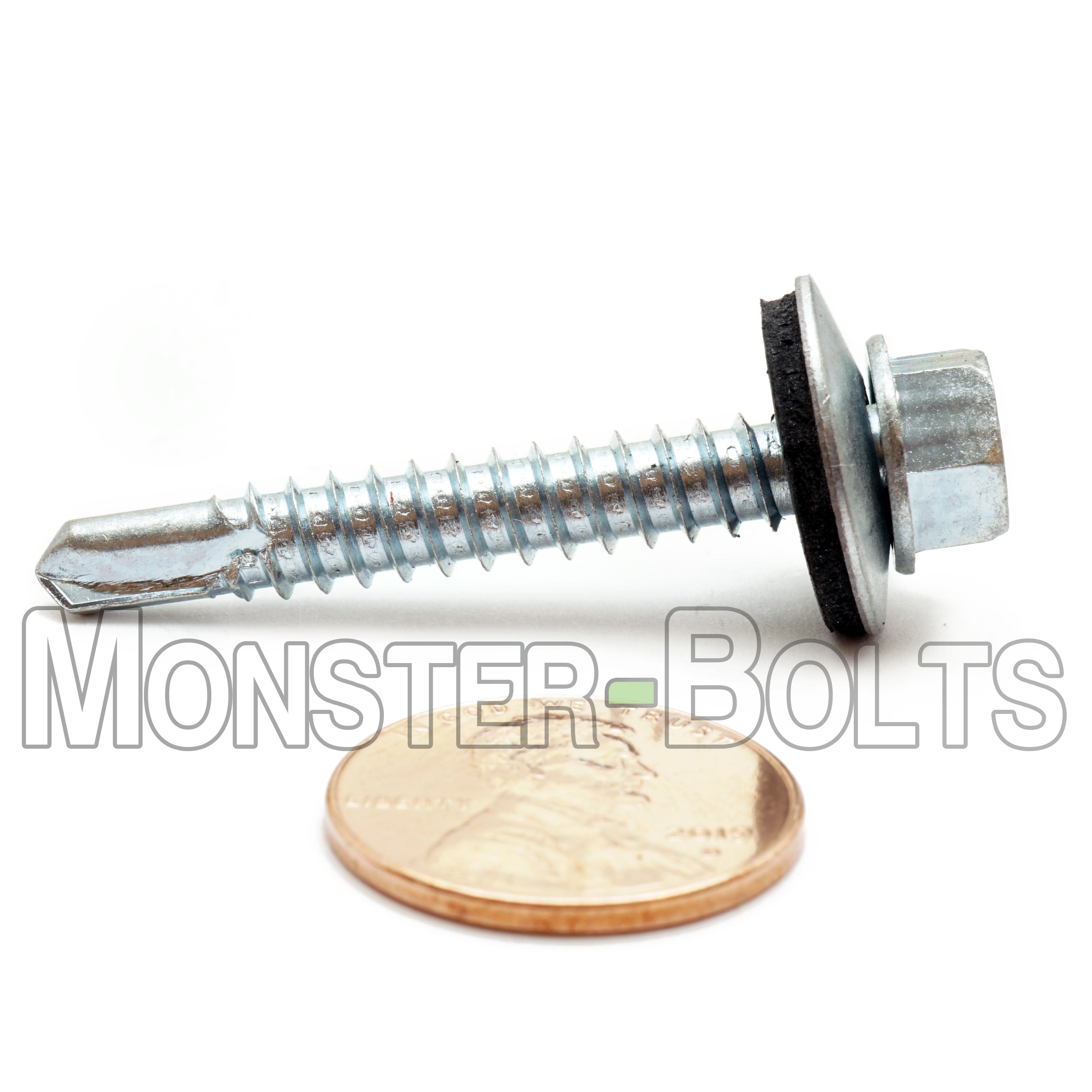 #12 Indent Hex Washer Head Self-Drilling Screws (#3 Point) w/ Bonded EPDM Washer, Proferred, Zinc Cr+3 (Bulk)