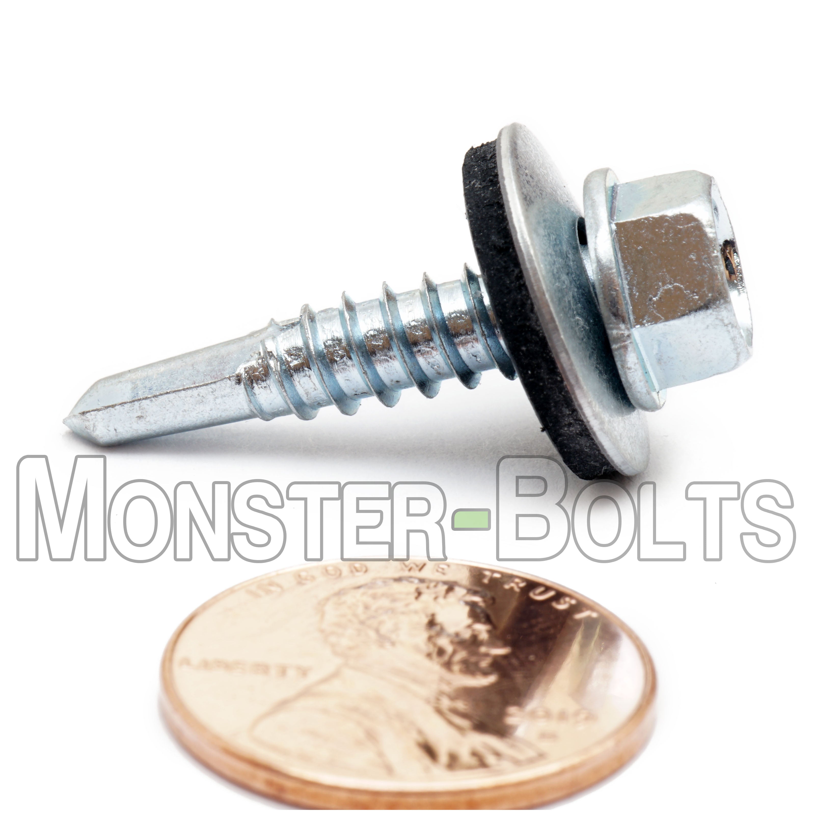 #12 Indent Hex Washer Head Self-Drilling Screws (#3 Point) w/ Bonded EPDM Washer, Proferred, Zinc Cr+3 (Bulk)