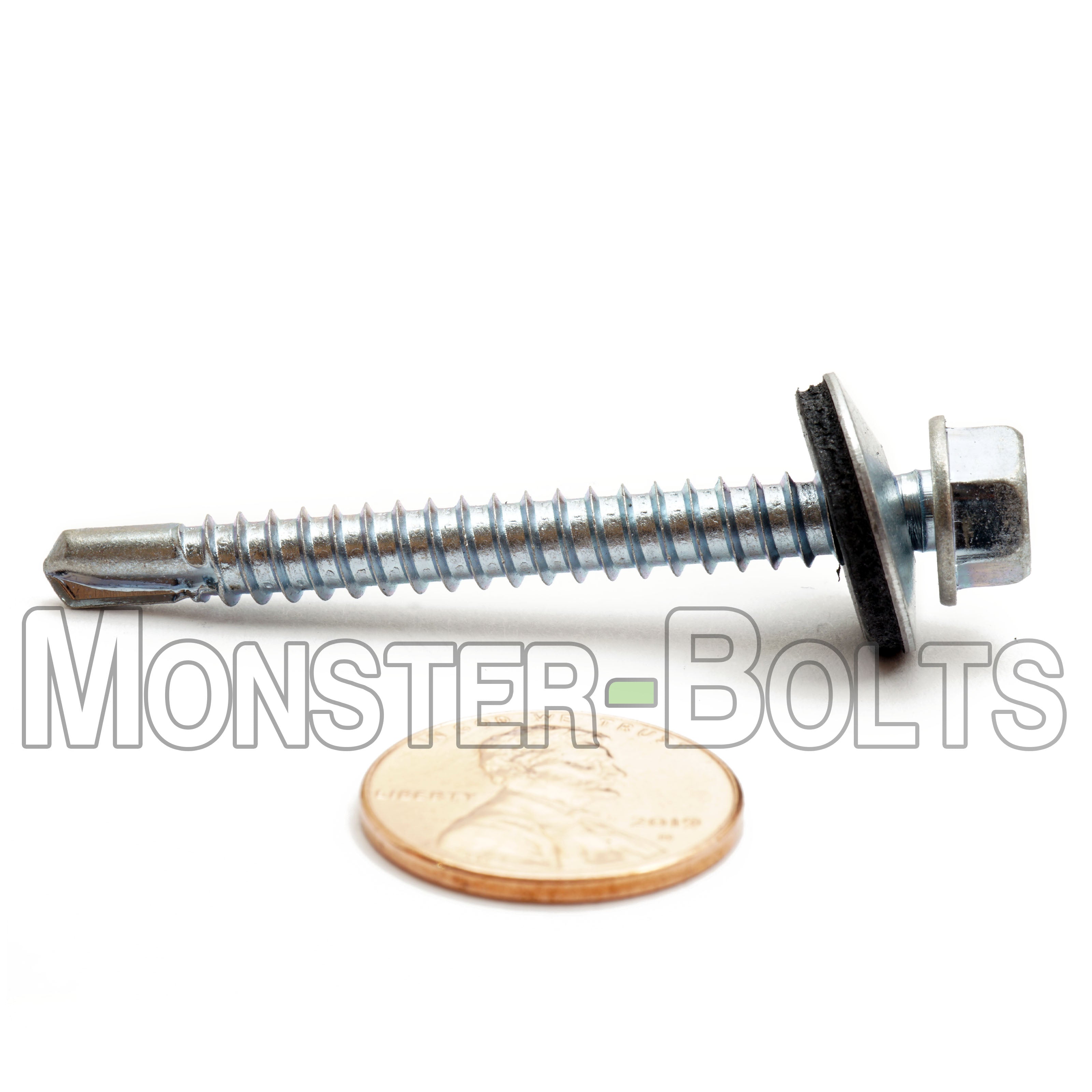 #12 Indent Hex Washer Head Self-Drilling Screws (#3 Point) w/ Bonded EPDM Washer, Proferred, Zinc Cr+3 (Bulk)