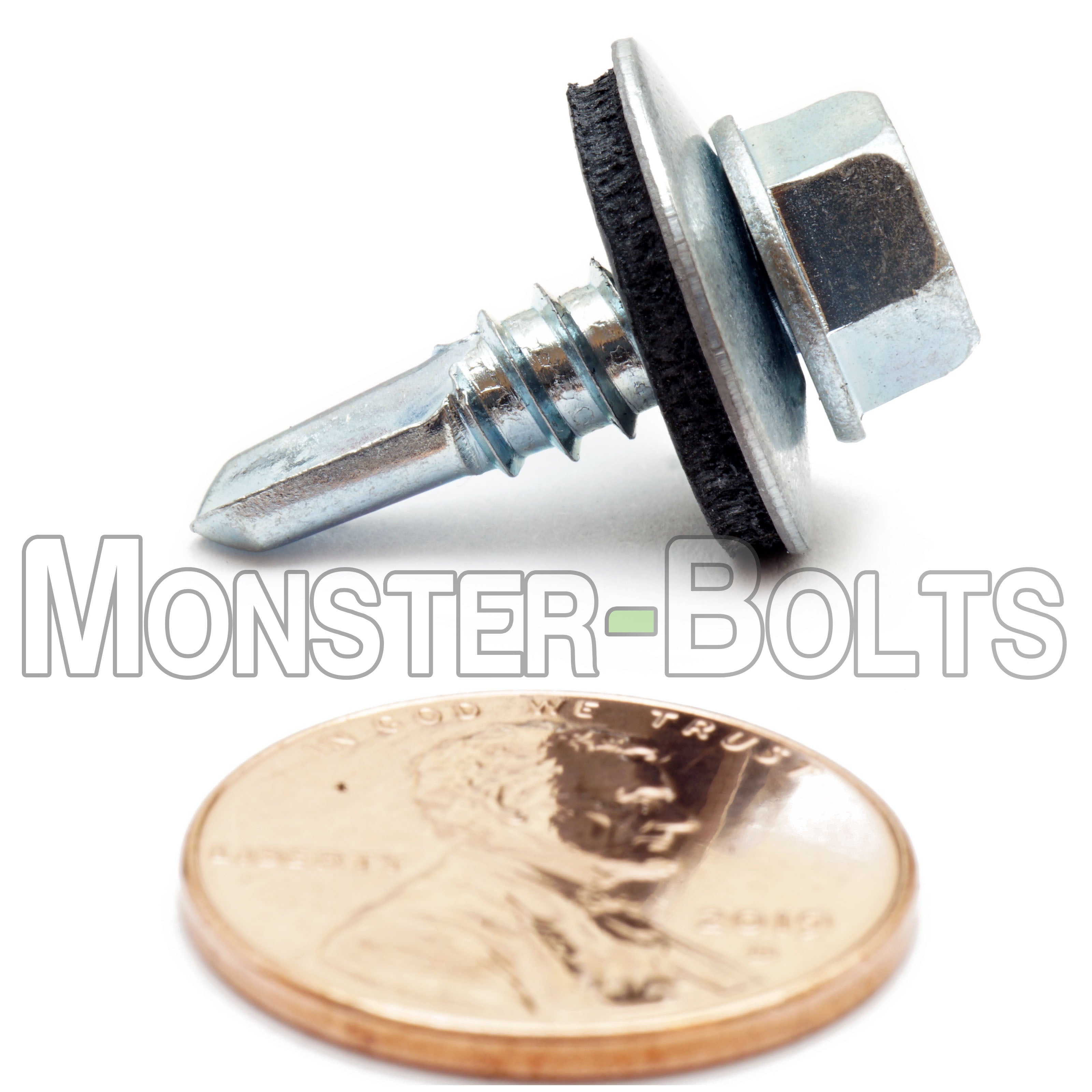 #12 Indent Hex Washer Head Self-Drilling Screws (#3 Point) w/ Bonded EPDM Washer, Proferred, Zinc Cr+3 (Bulk)