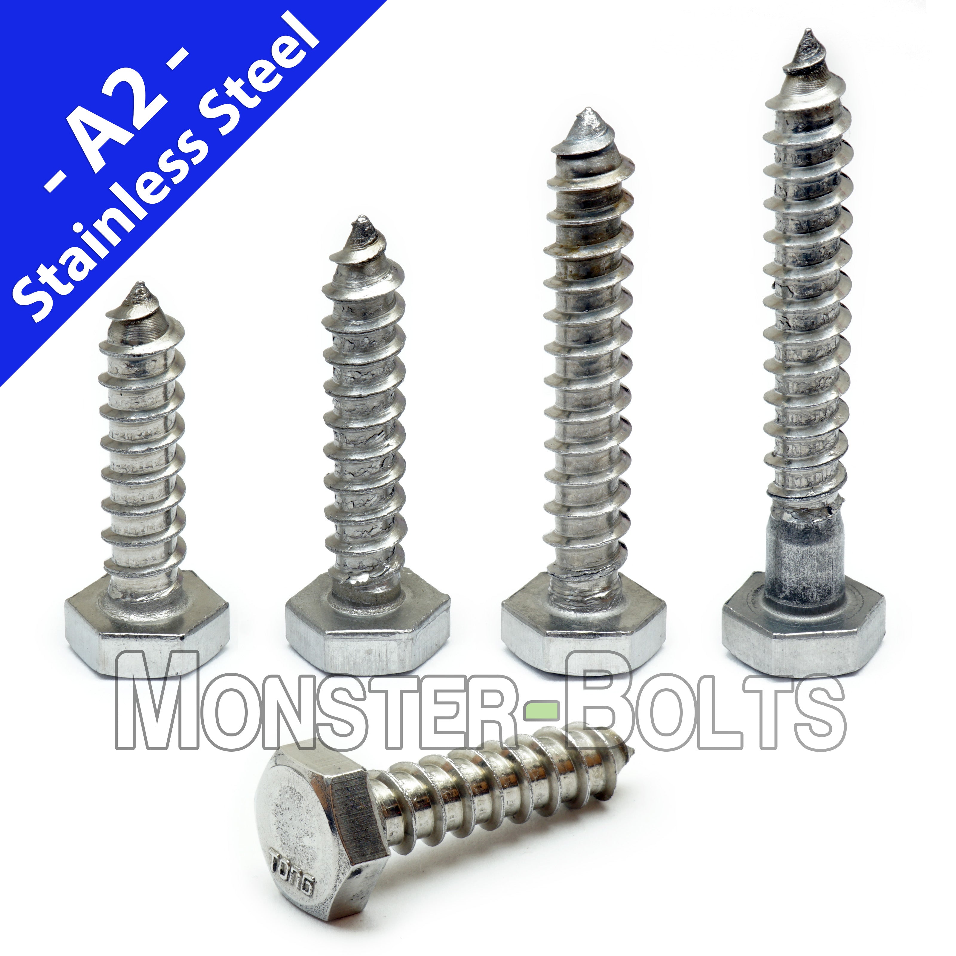 3/8-Inch Marine Grade Stainless Steel Hex Lag Screws / Lag Bolts – A2 / 18-8 (304) – Corrosion Resistant – Monster Bolts
