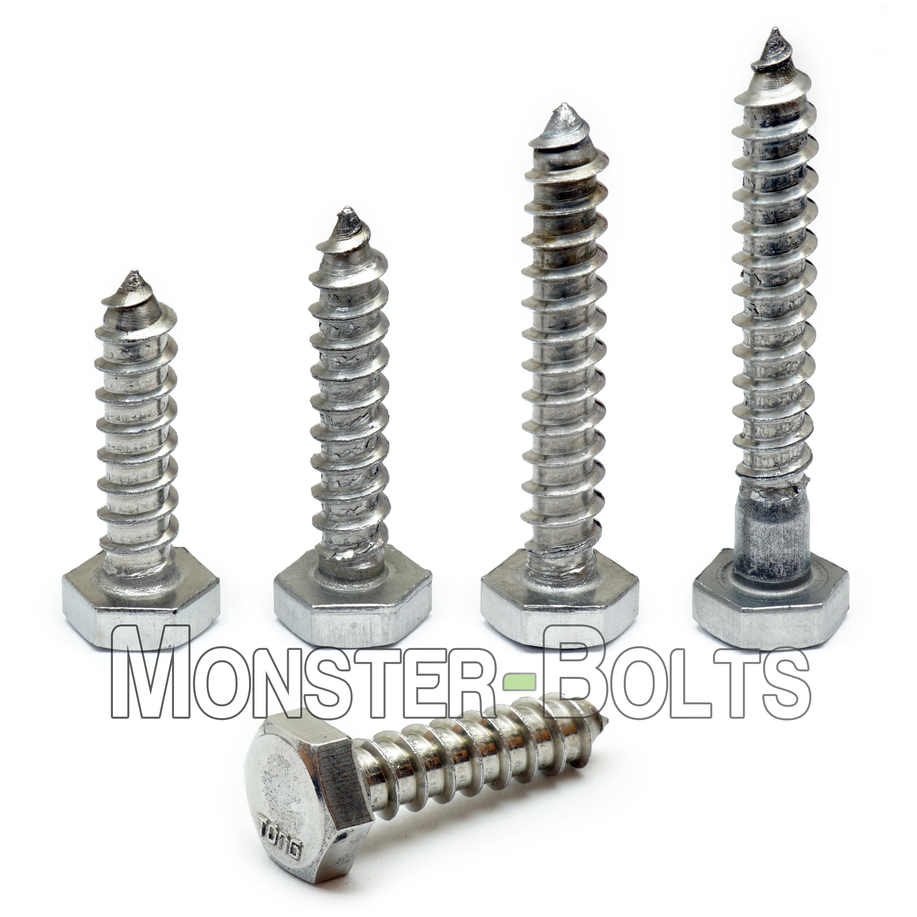 Close-up of 3/8-Inch Marine Grade Stainless Steel Hex Lag Screw threads and hex head – Saltwater-Resistant Fastener – Monster Bolts