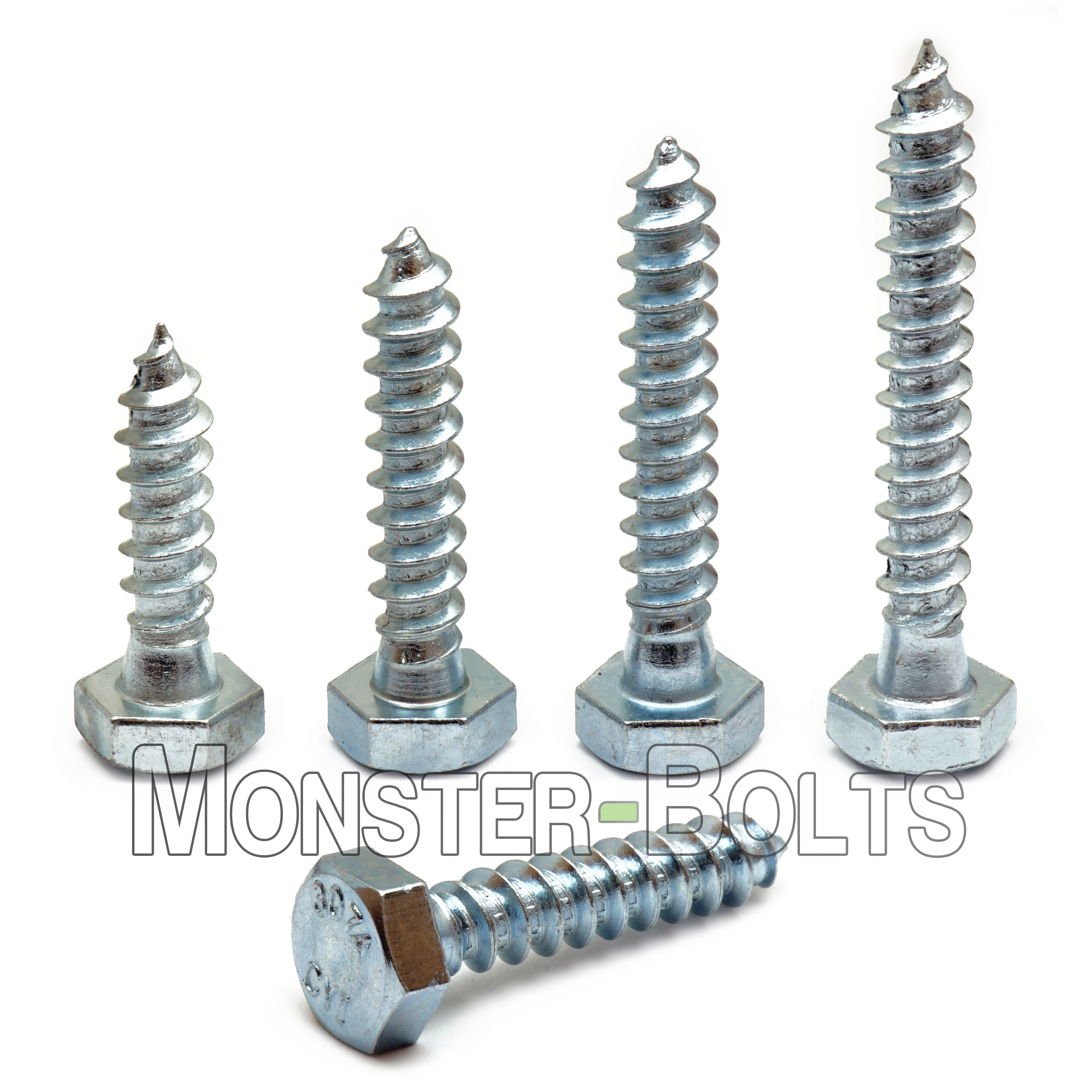 Close-up of 5/16-Inch Zinc Plated Hex Lag Screw threads and hex head – Exterior Construction Fastener – Monster Bolts