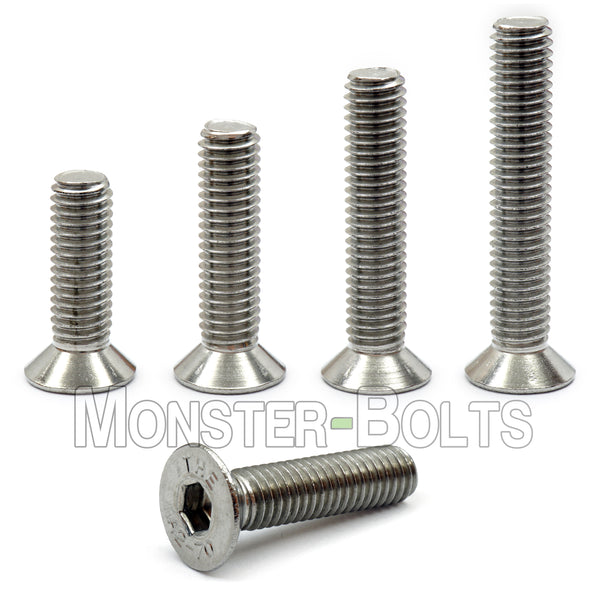 Stainless Steel #8-32 Socket Flat Head screws, group of 4 in increasing lengths on white background.