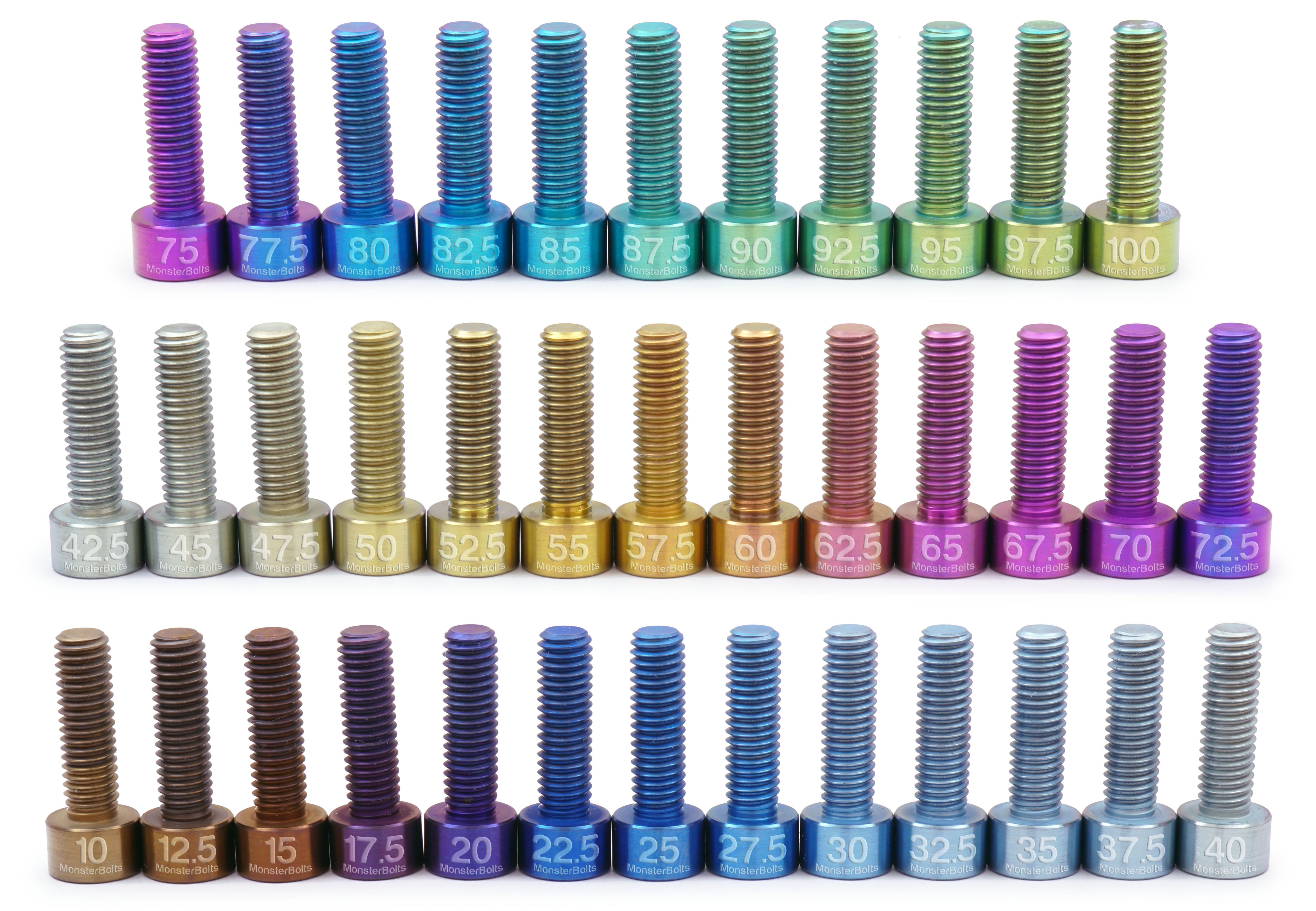 Anodized Titanium voltage color chart from 10V to 100V. Showcasing the entire Anodized Titanium color range.