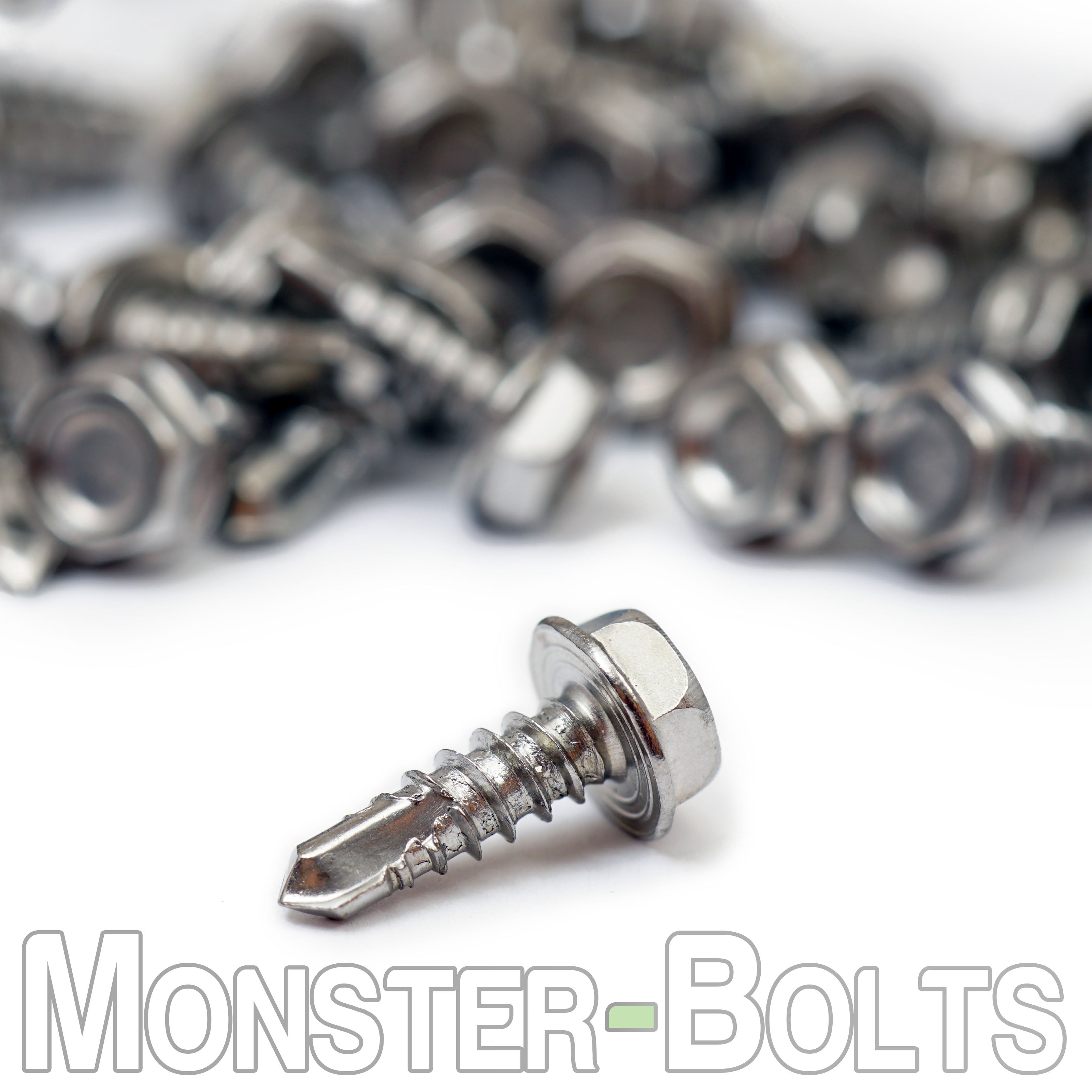 #10 Hardened Stainless Steel Tek Screws - Indent HWH Hex Washer Head Unsloted, #3 Point Self Drilling - Monster Bolts