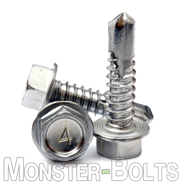 #14 (1/4") Hardened Stainless Steel Tek Screws - Indent HWH Hex Washer Head Unsloted, #3 Point Self Drilling - Monster Bolts