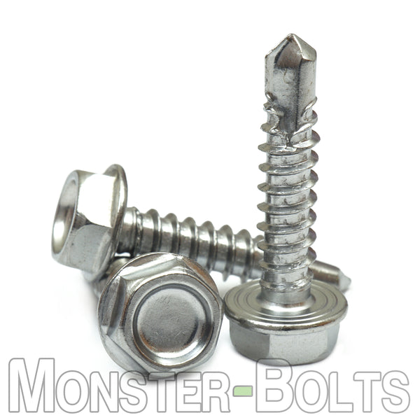 #10 Hardened Stainless Steel Tek Screws - Indent HWH Hex Washer Head Unsloted, #3 Point Self Drilling - Monster Bolts