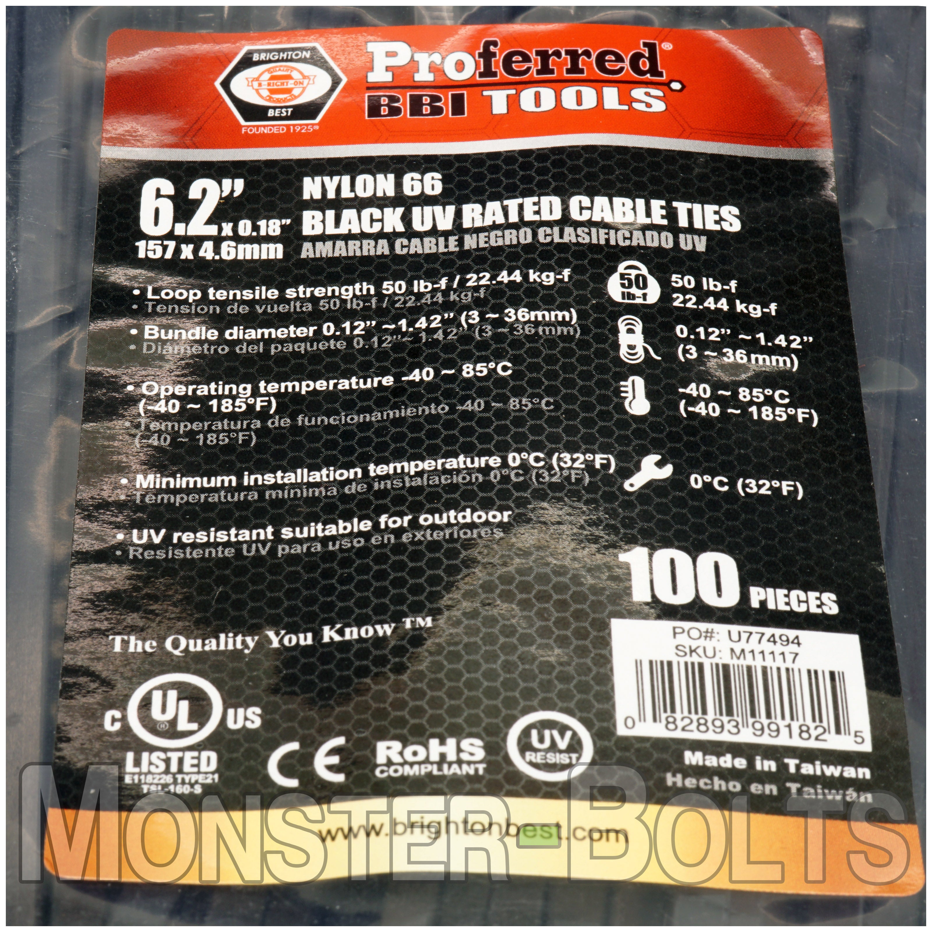 Black Nylon 66 UV Rated Cable Ties, UL Listed, Outdoor Use, 4" 6", 8" & 10"