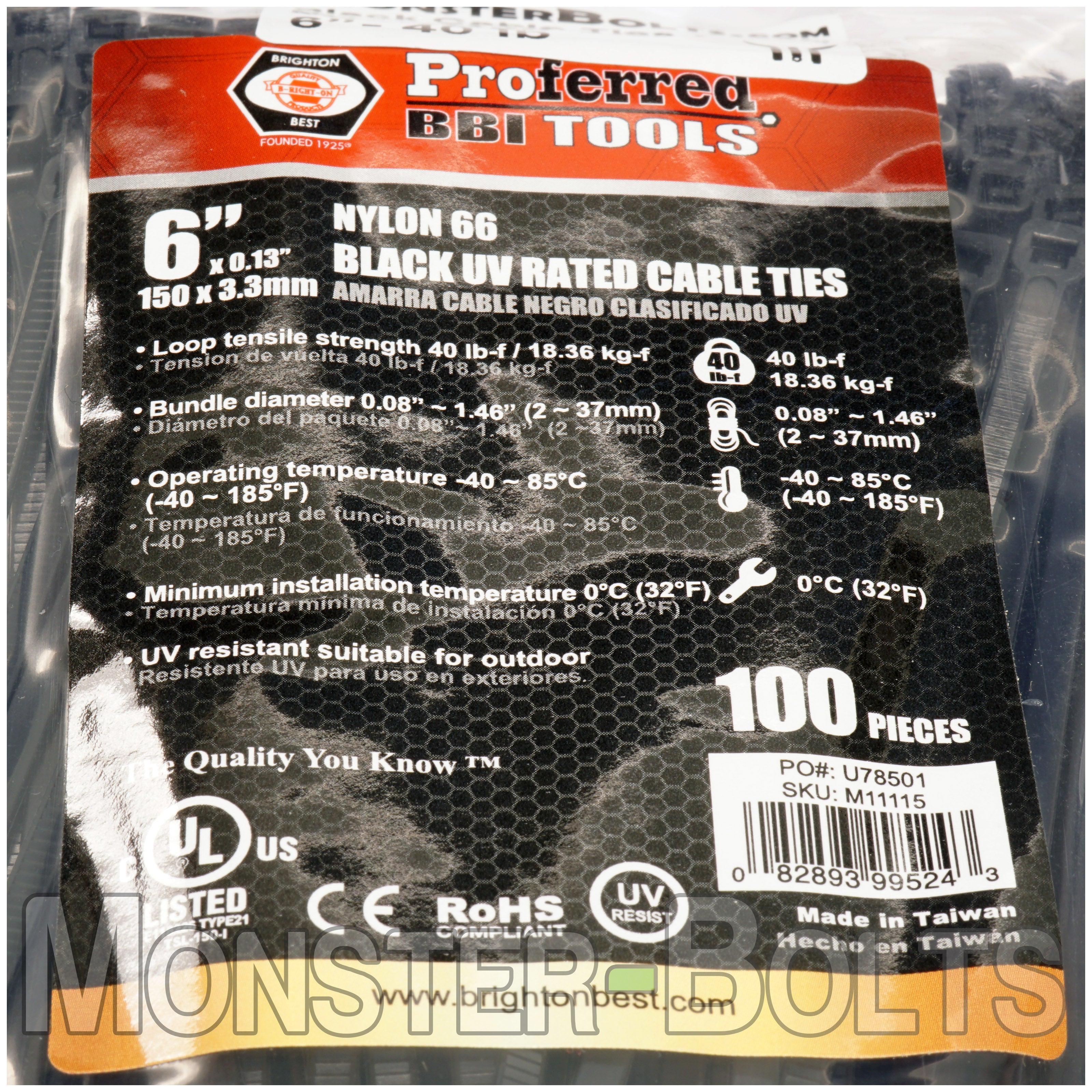 Black Nylon 66 UV Rated Cable Ties, UL Listed, Outdoor Use, 4" 6", 8" & 10"