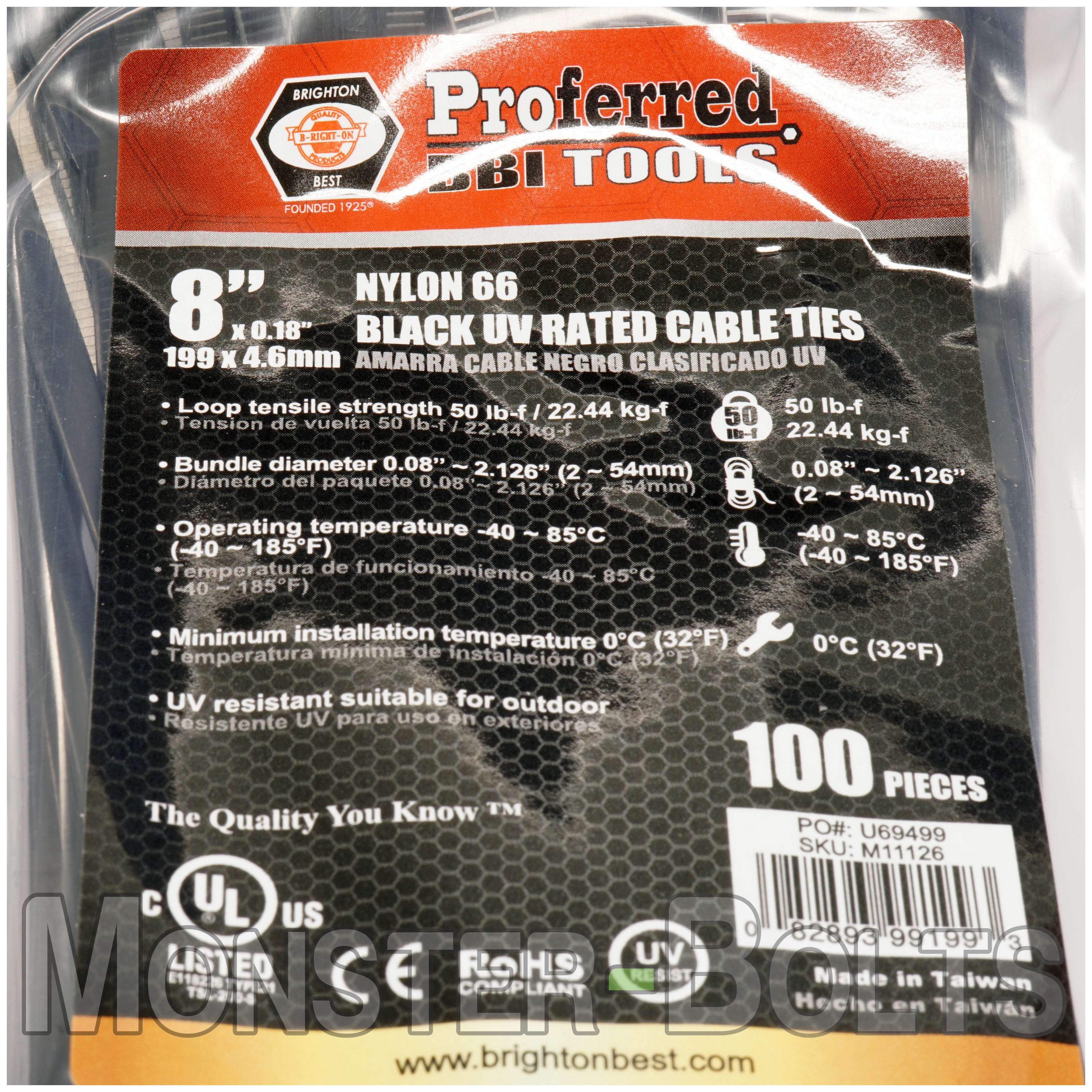 Black Nylon 66 UV Rated Cable Ties, UL Listed, Outdoor Use, 4" 6", 8" & 10"