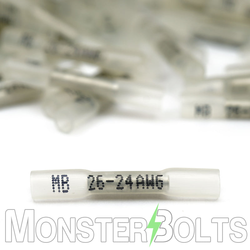 MonsterBolts Heat Shrink Crimp Butt Connectors, Sealed Waterproof, Clear, 26-24 AWG