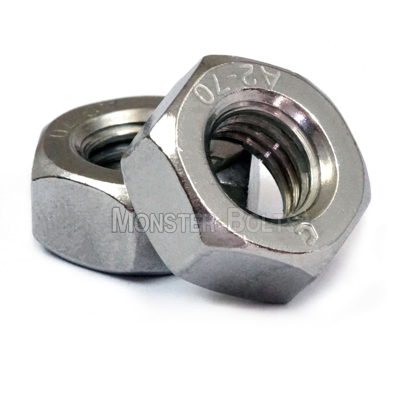 Stainless Steel Hex Nuts with SAE threads shown with white background.