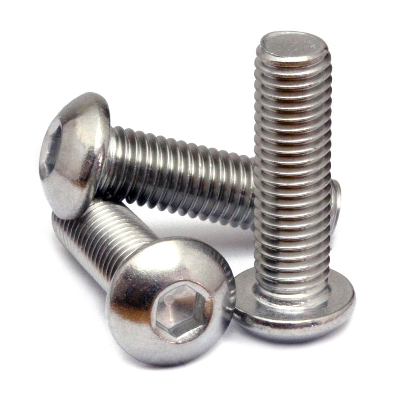 Stainless Steel 1/4"-20 Button Head Socket cap screws on solid white background.