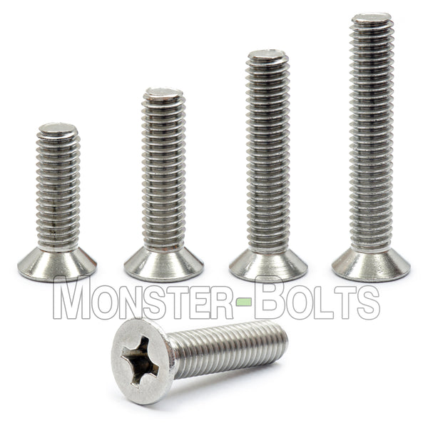 Stainless #6-32 Phillips Flat Head screws on white background