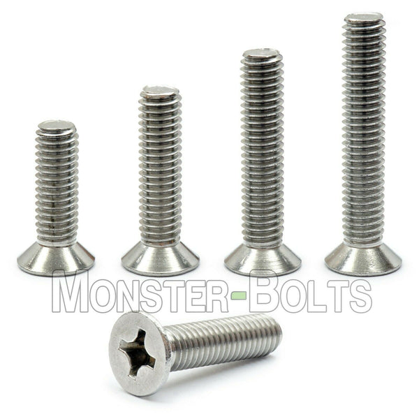 Stainless Steel M5 Phillips flat head machine screws stacked to show different lengths.