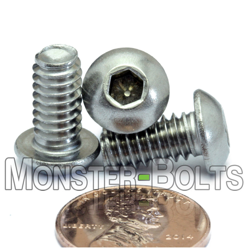Stainless Steel 1/4-20 x 1/8" socket button head screws, with US penny for size.
