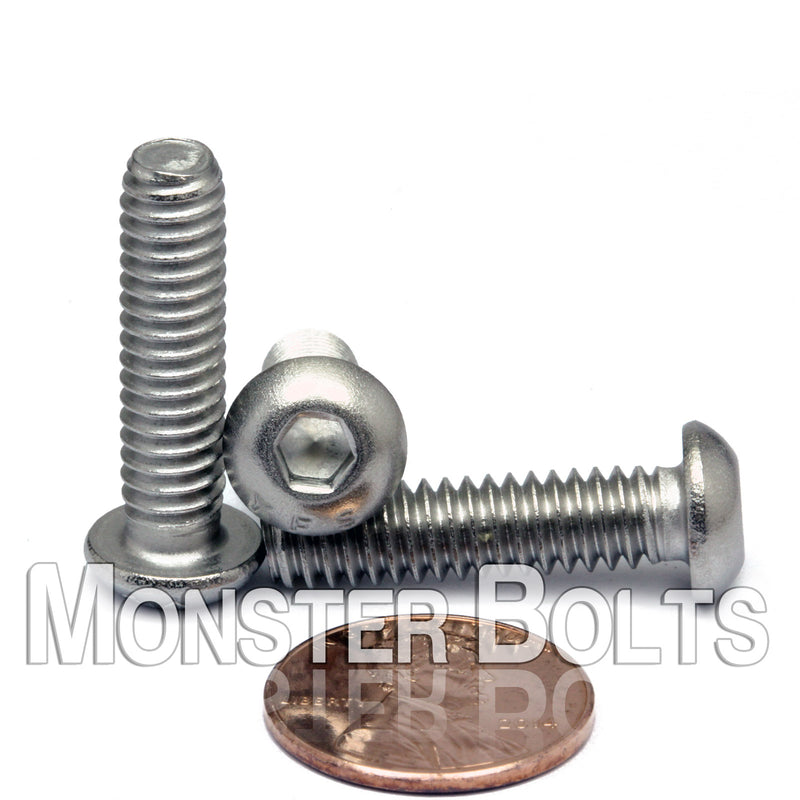 Stainless Steel 1/4-20 x 3/8" socket button head screws, with US penny for size.