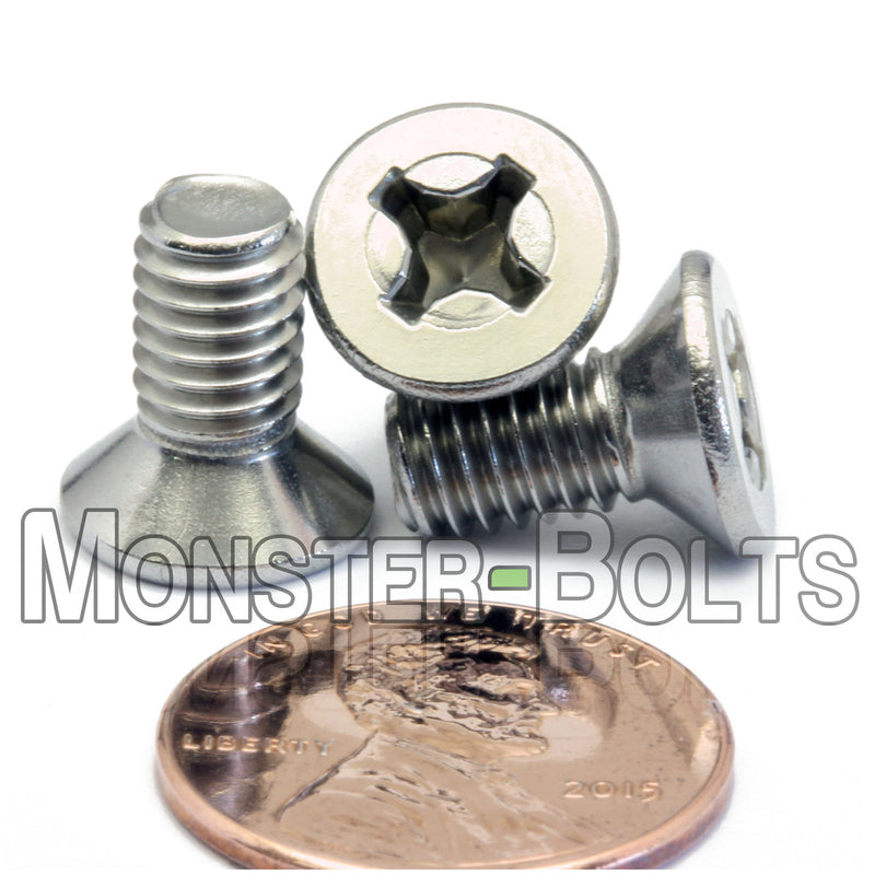 Stainless Steel M6-1.0 x 12mm Phillips Flat Head machine screws with white background