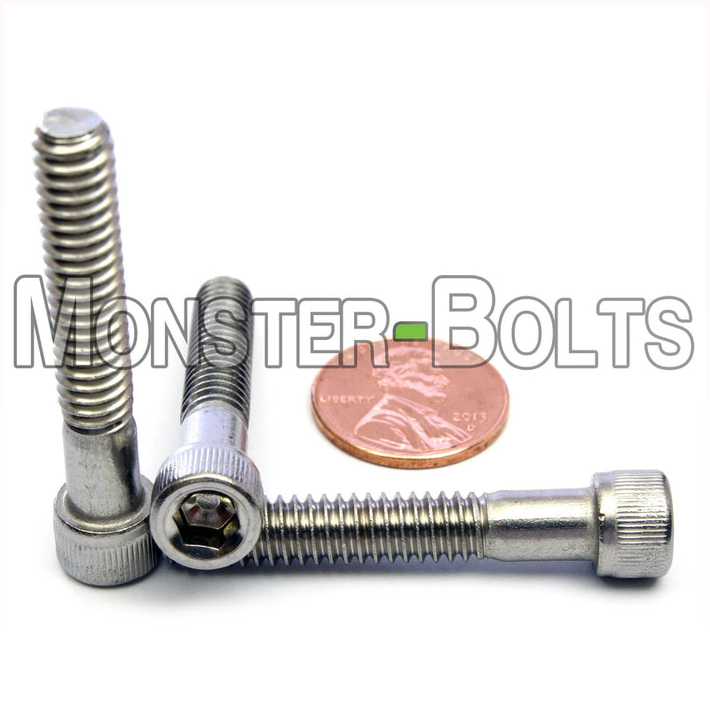 Stainless 1/4-20 x 1-1/2 inch Socket Head cap screws, with US penny for size.
