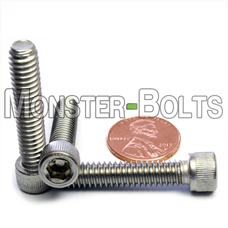 Stainless Steel 1/4-20 x 1-1/4 in. socket head screws, with US penny for size.