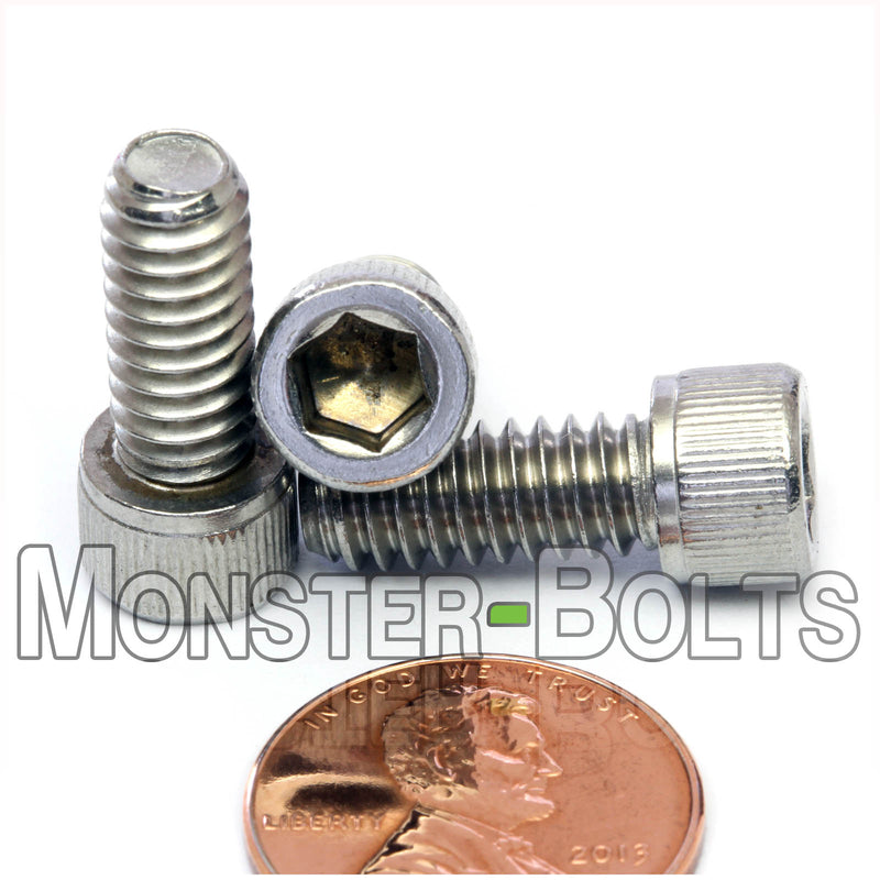 Stainless Steel 1/4-20 x 5/8" socket head cap screws, with US penny to show size.