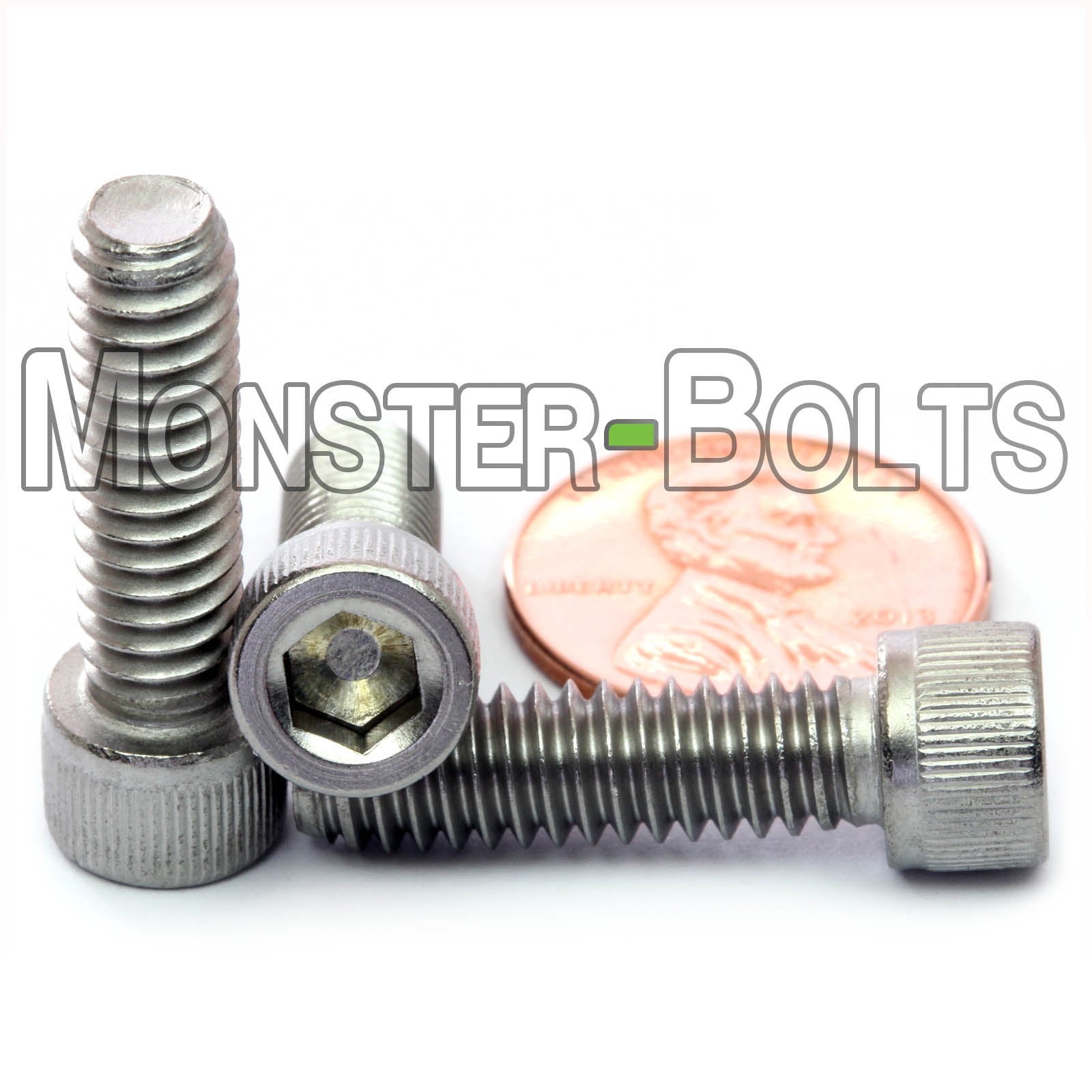 Stainless Steel 1/4-20 x 7/8" socket head cap screws, with US penny to show size.