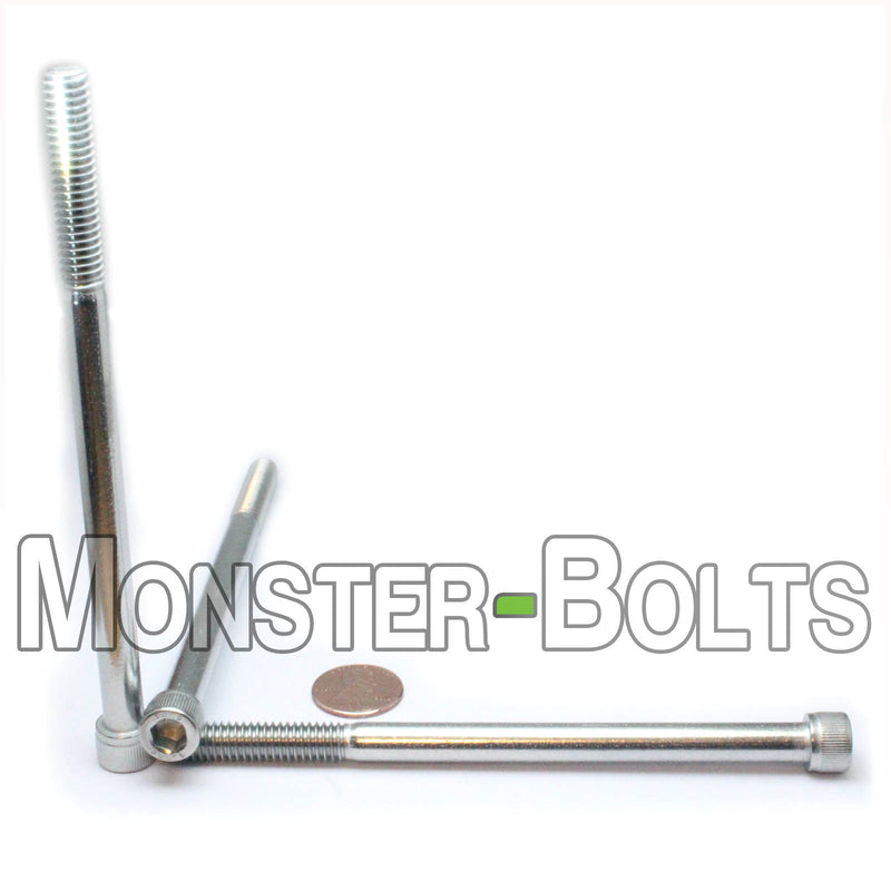 Stainless 5/16-18 x 5" Socket Head cap screws, with US penny for size.