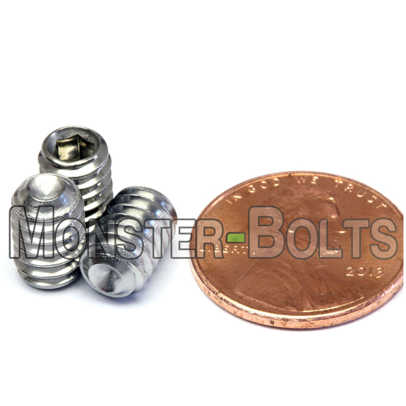 Stainless Steel 1/4-20 x 3/8" Allen key set screws with cup point.