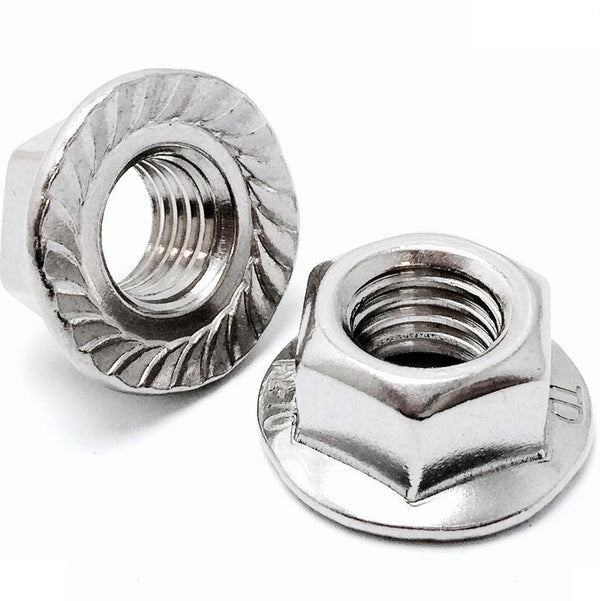 Stainless steel hex serrated flange nuts for US screws. Flange acts works like a built in washer to distribute force.