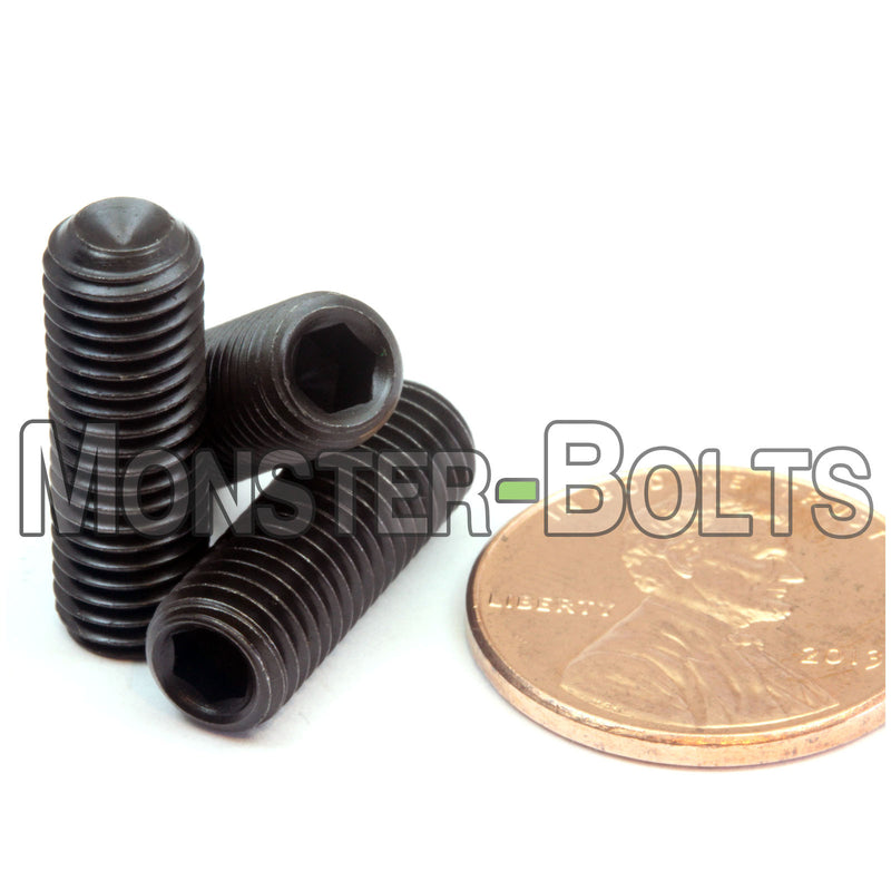 Black 1/4-28 x 3/4" Allen key set screws with cup point.
