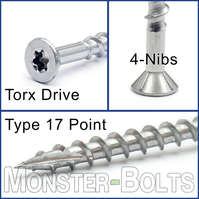 B-Stock #10 Star (Torx) Drive Flat Head w/ Nibs, 305 Stainless Steel Coarse Thread Type '17' point, Wood / Deck Screws