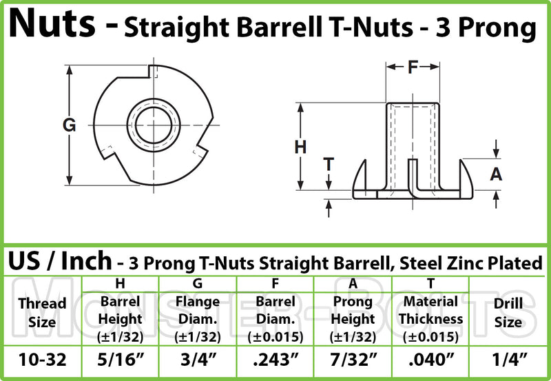 #10-32 x 5/16" 3-Prong T-Nut, Straight Barrel Zinc Plated Tee-Nut