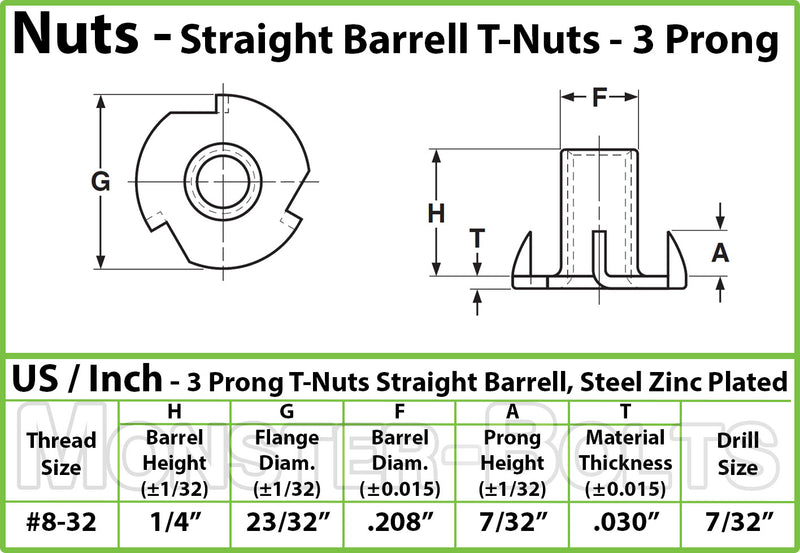 #8-32 x 1/4" 3-Prong T-Nut, Straight Barrel Zinc Plated Tee Nut