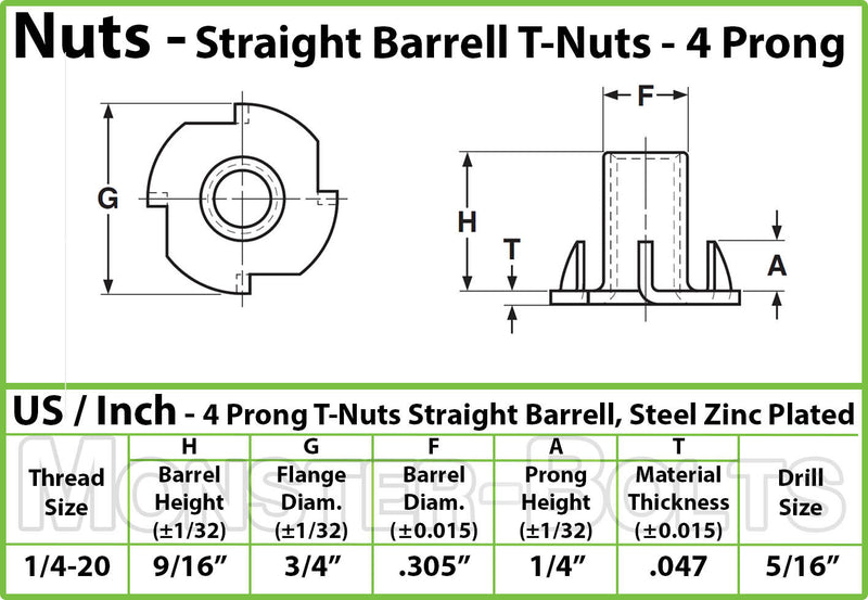 1/4-20 x 9/16" 4-Prong T-Nut product spec sheet to show size and dimensions.