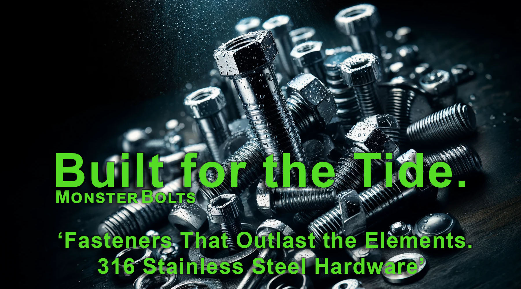 316 stainless steel bolts and washers with water droplets, showcasing marine‑grade corrosion resistance.